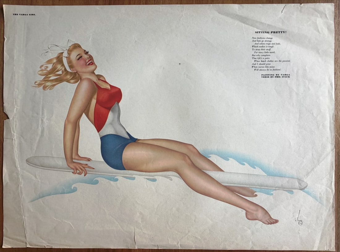 Alberto Vargas Artist Proof for Esquire Magazine "Sitting Pretty": This is a print of the "Sitting Pretty" Varga Girl illustration by artist Alberto Vargas. Originally published in the August 1944 issue of Esquire magazine, the image is a classic example of pin-up ar