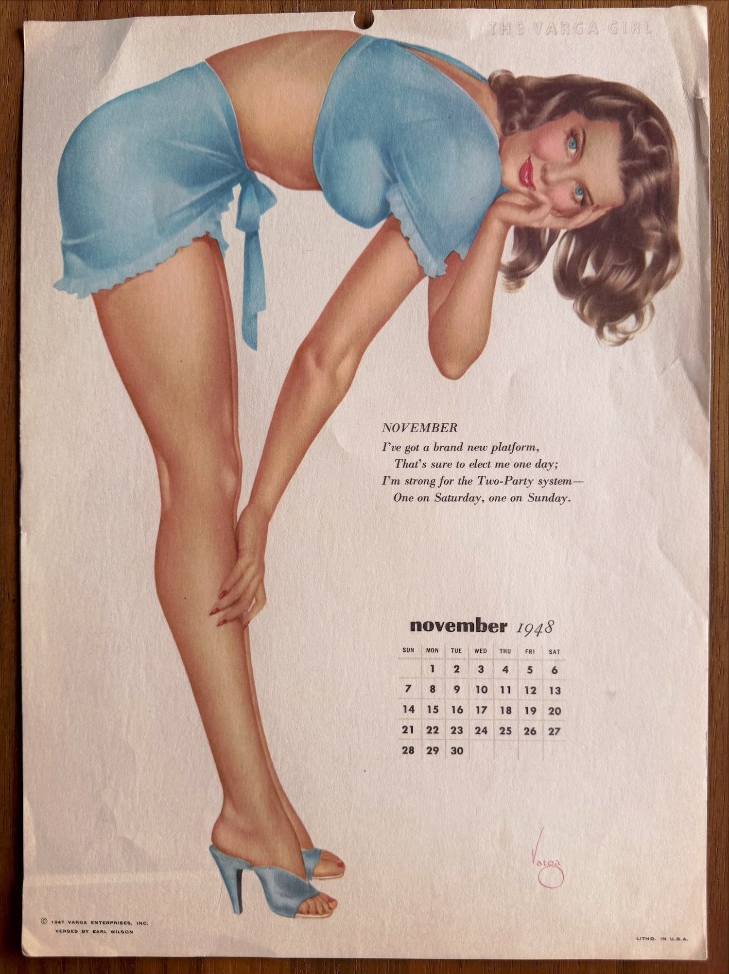 Alberto Vargas Esquire Artist Proof for 1948 Calendar: November 1948 calendar page featuring a pin-up illustration by the renowned artist Alberto Vargas.