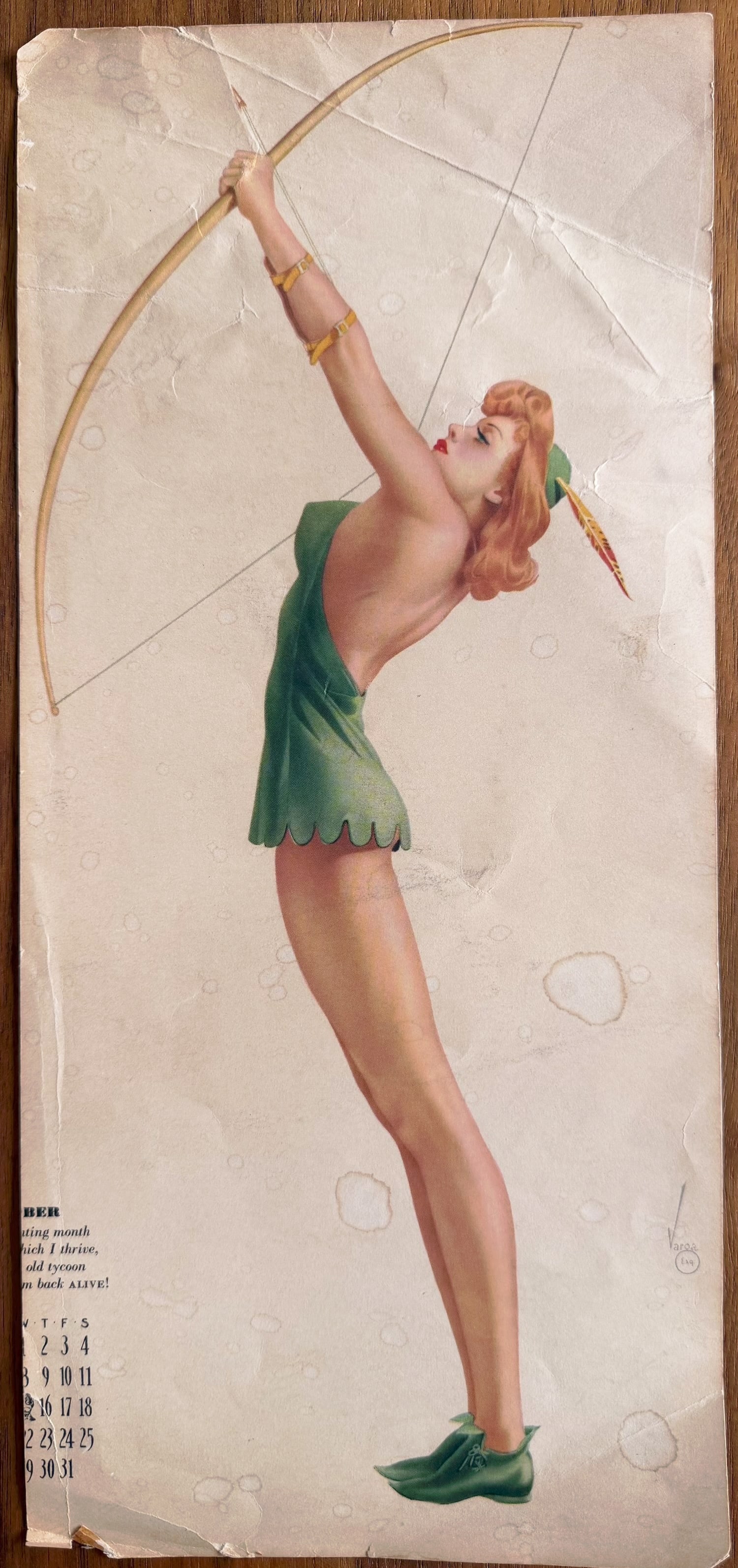 Alberto Vargas Artist Proof October 1941 "Peter Pan" or "Archer": This is a classic Alberto Vargas (often spelled "Varga" in his Esquire calendar work) pin-up illustration from the 1940s.This specific piece is from Vargas's famous Esquire magazine "Varga Girl" calen