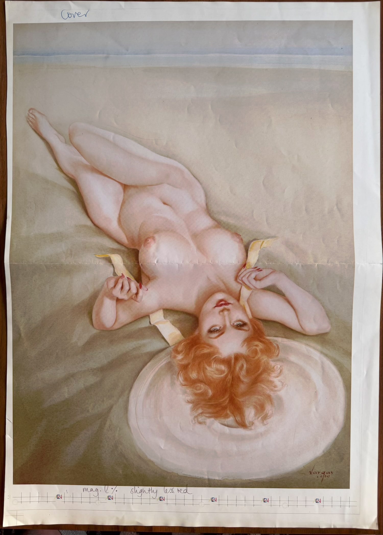 Alberto Vargas Artist Proof "Redhead on Beach" Taschen Book 1991: This is an artist's proof from Taschen's 1991 Alberto Vargas book, a vintage collection showcasing the iconic pin-up illustrations of Alberto Vargas.