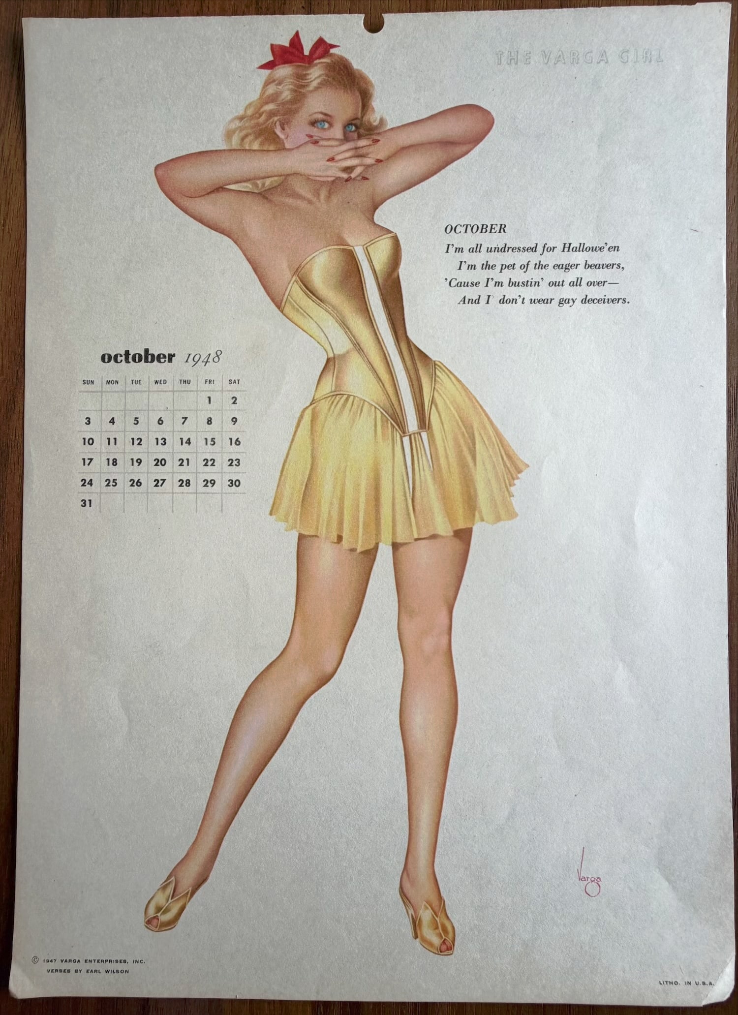 Alberto Vargas Artist Proof Calendar October 1948: This was used in the creation of the 1948 Vargas Girls Calendar.