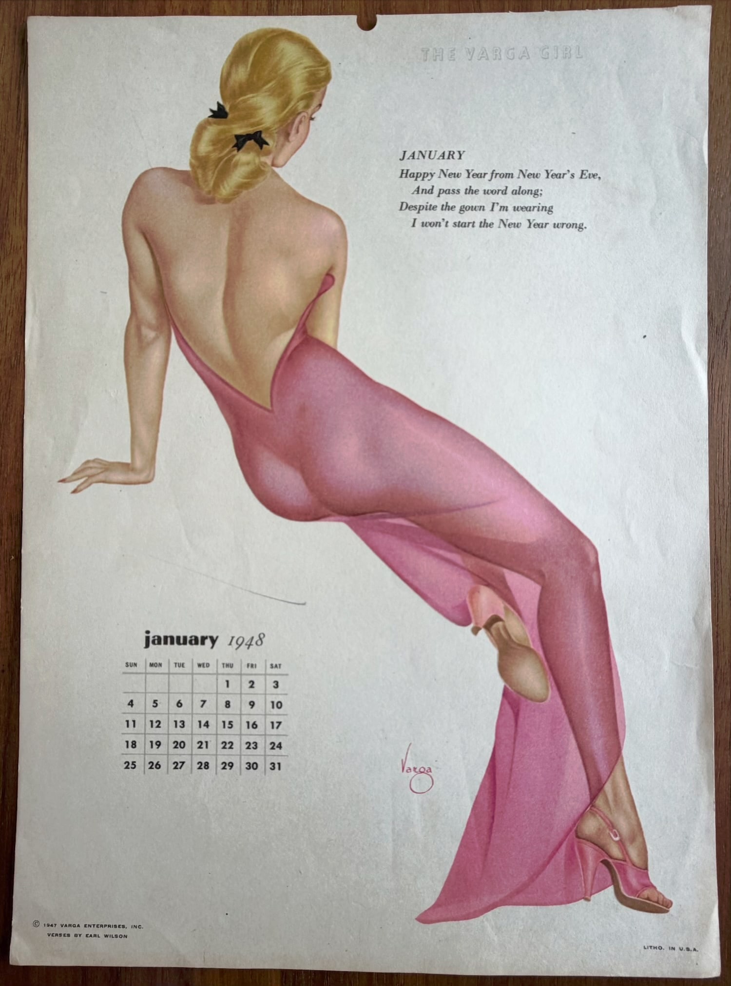 Alberto Vargas Artist Proof Calendar January 1948: This was used in the creation of the 1948 Vargas Girls Calendar.