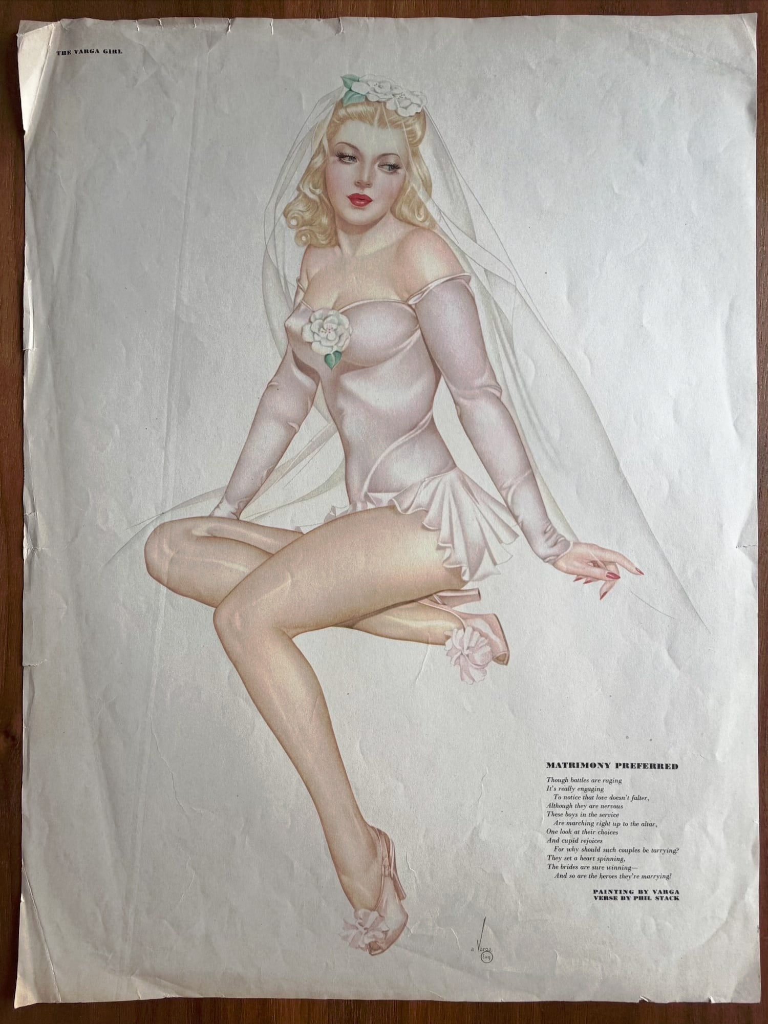 Alberto Vargas Esquire Artist Proof "Matrimony Preferred": This is a vintage print of the "Matrimony Preferred" Varga Girl, originally featured as the centerfold for the March 1944 issue of Esquire magazine.