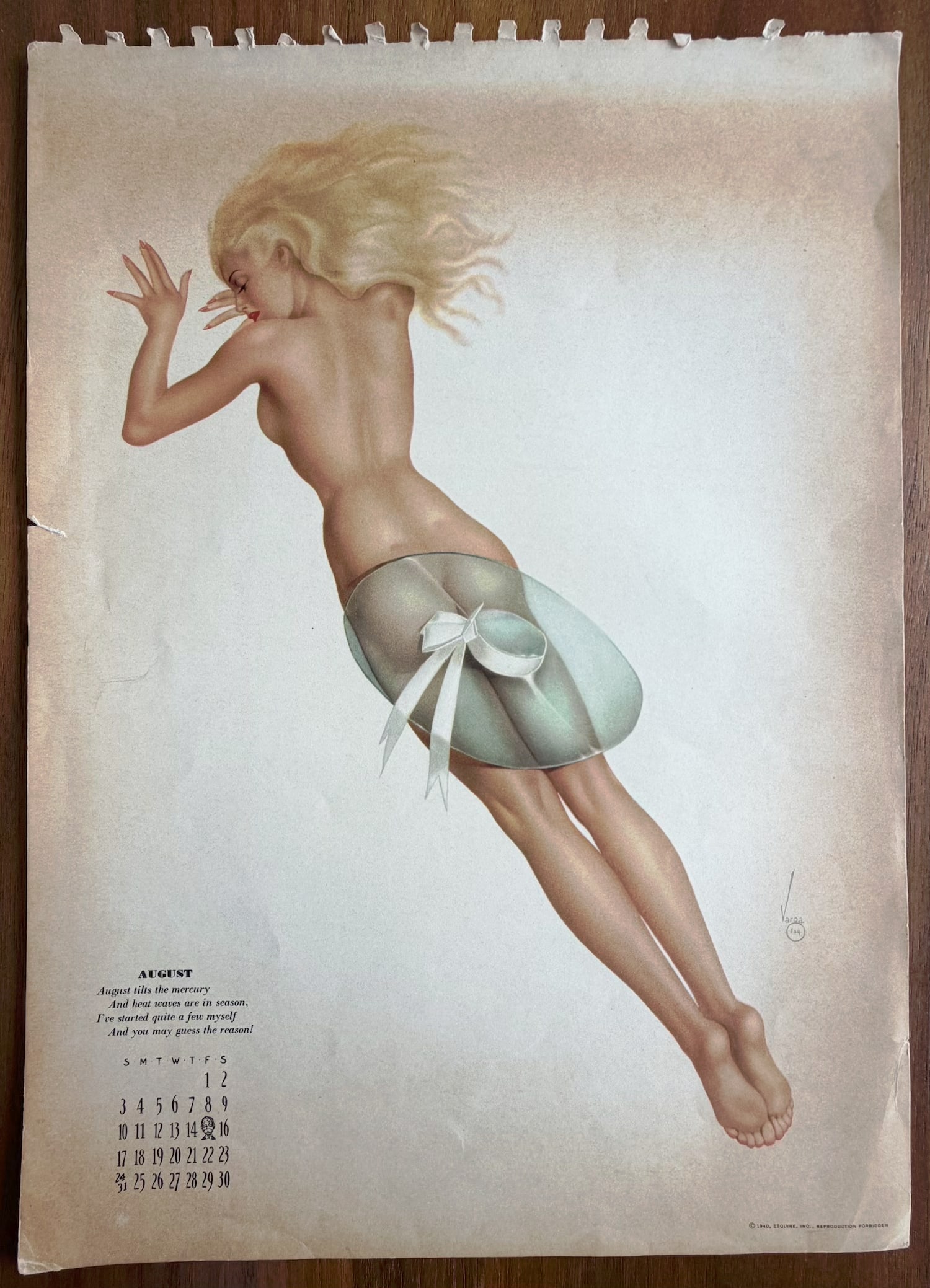 Alberto Vargas Artist Proof Esquire Calendar August 1941: This Is an Artist Proof of August 1941 Esquire Pin Up Girl from Alberto Vargas's estate.