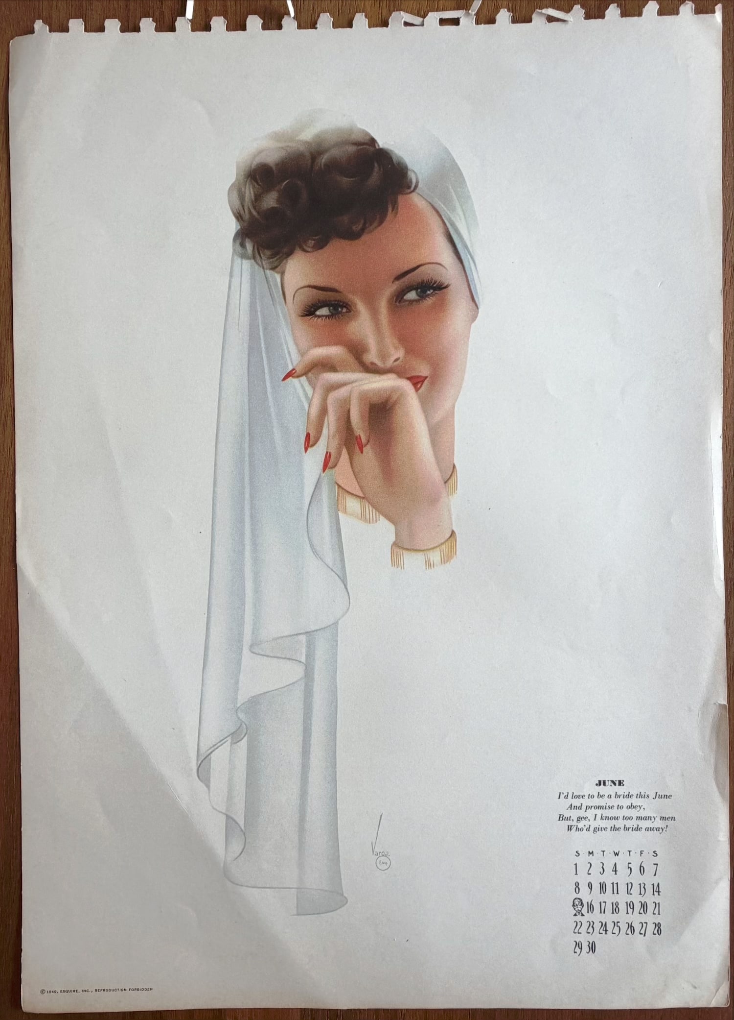 Alberto Vargas Artist Proof Esquire Calendar June 1940: This Is an Artist Proof of June 1940 Esquire Pin Up Girl from Alberto Vargas's estate.