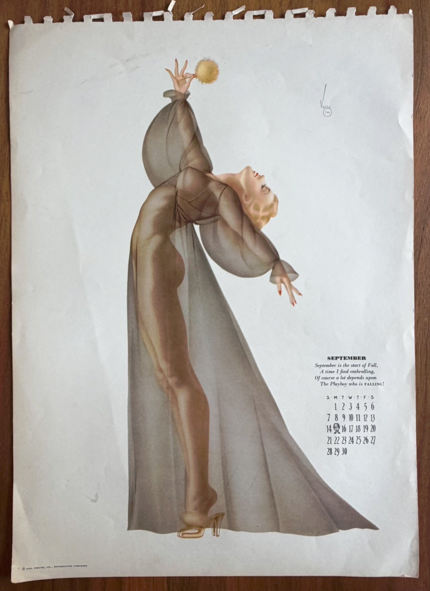 Alberto Vargas Artist Proof Sheer Elegance Esquire Calendar September 1940: This Is an Artist Proof of September 1940 Esquire Pin Up Girl from Alberto Vargas's estate.