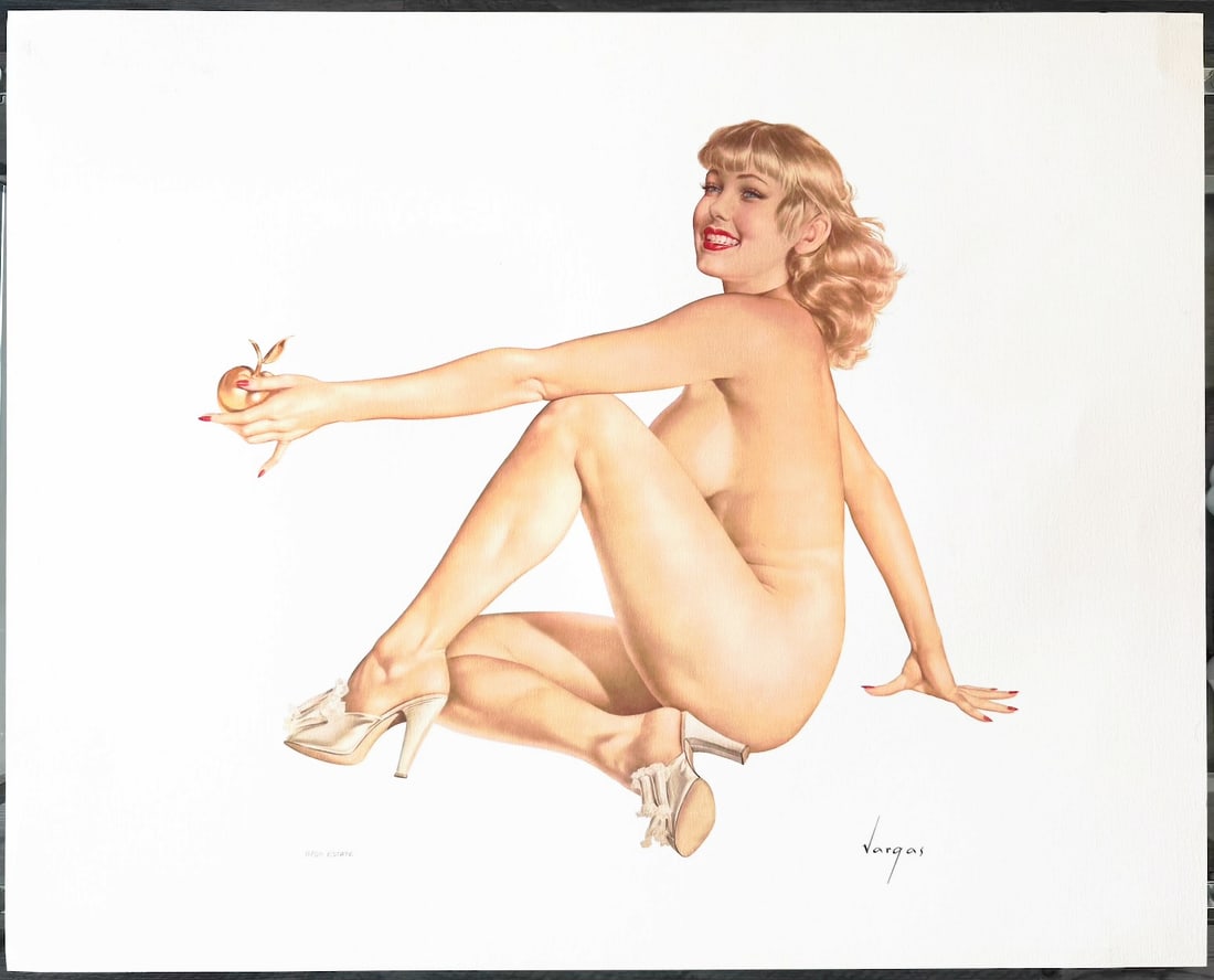 Alberto Vargas "Legacy Nude #10: Apple Girl" (1955) Limited Edition Lithograph 11/50: Grand, vivacious and animated, her shining essence cannot be ignored. While her golden tresses enchant, the golden apple provokes speculation.