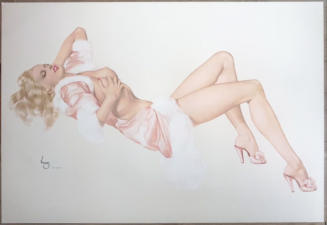 Legacy Nude #01, Sleeping Beauty 18/50 Estate: In what is arguably Vargas’ most beloved and glamorous artwork we are transfixed by the sight of this dazzling and majestic vision, impassioned to rapture, gently caressed by pink satin and white fu