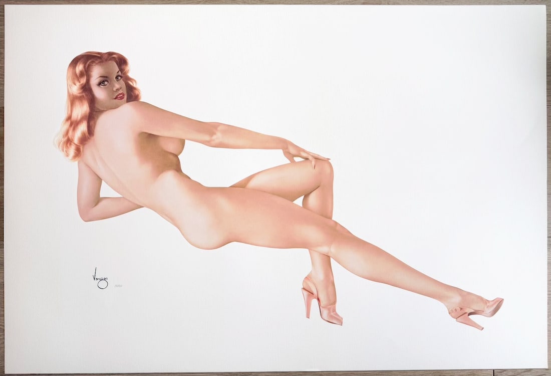 Legacy Nude #05, Red Fire 28/50: With her crowd-stopping face and brilliant auburn hair, Vargas reveals in this woman a touch of fire. Young and electric, she enlivens us and beckons us to join her.