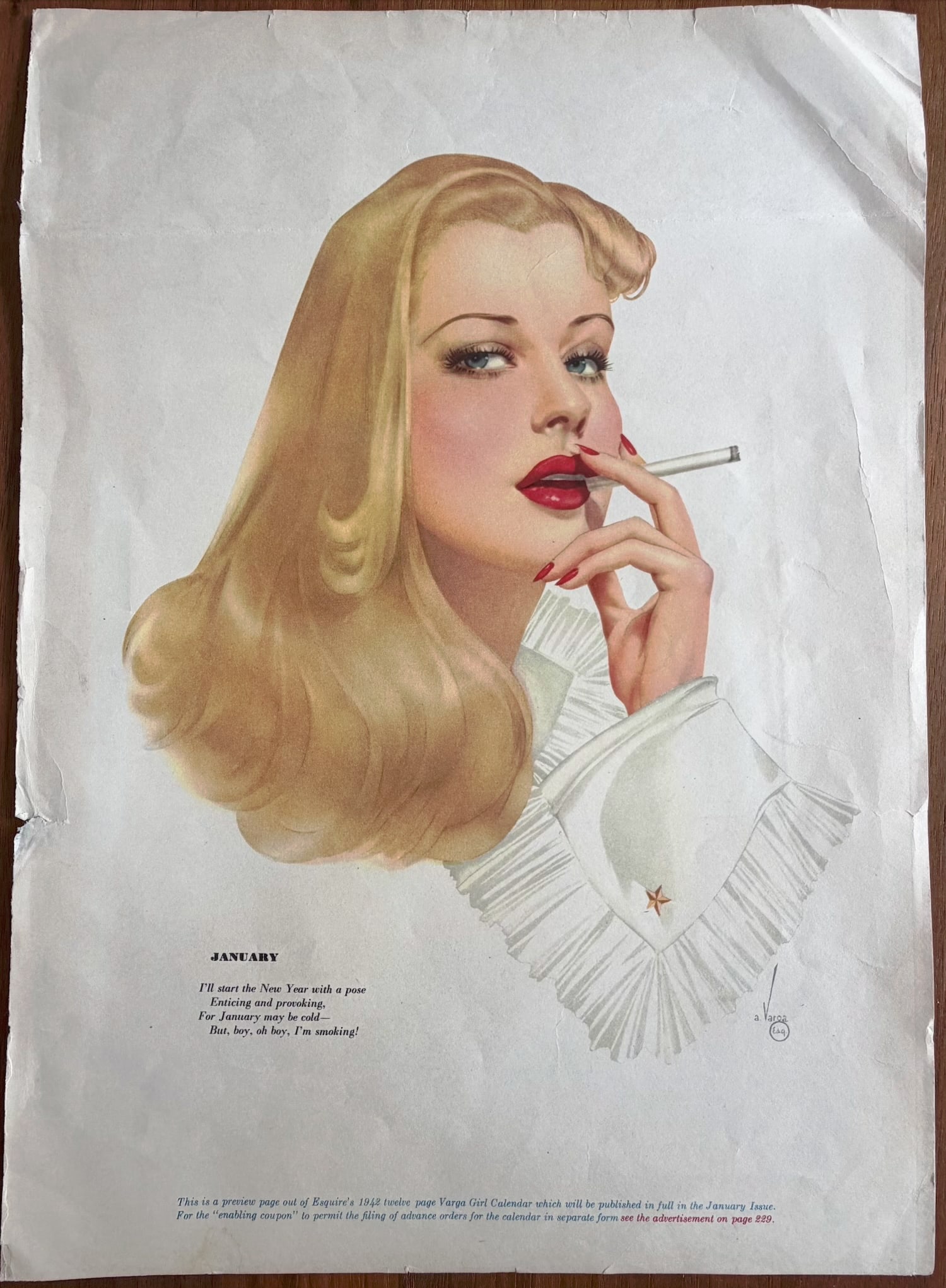 Alberto Vargas Artist Proof Esquire magazine January 1942: This Is a Artist proof of January 1942 Esquire Pin Up Girl from Alberto Vargas's Estate.