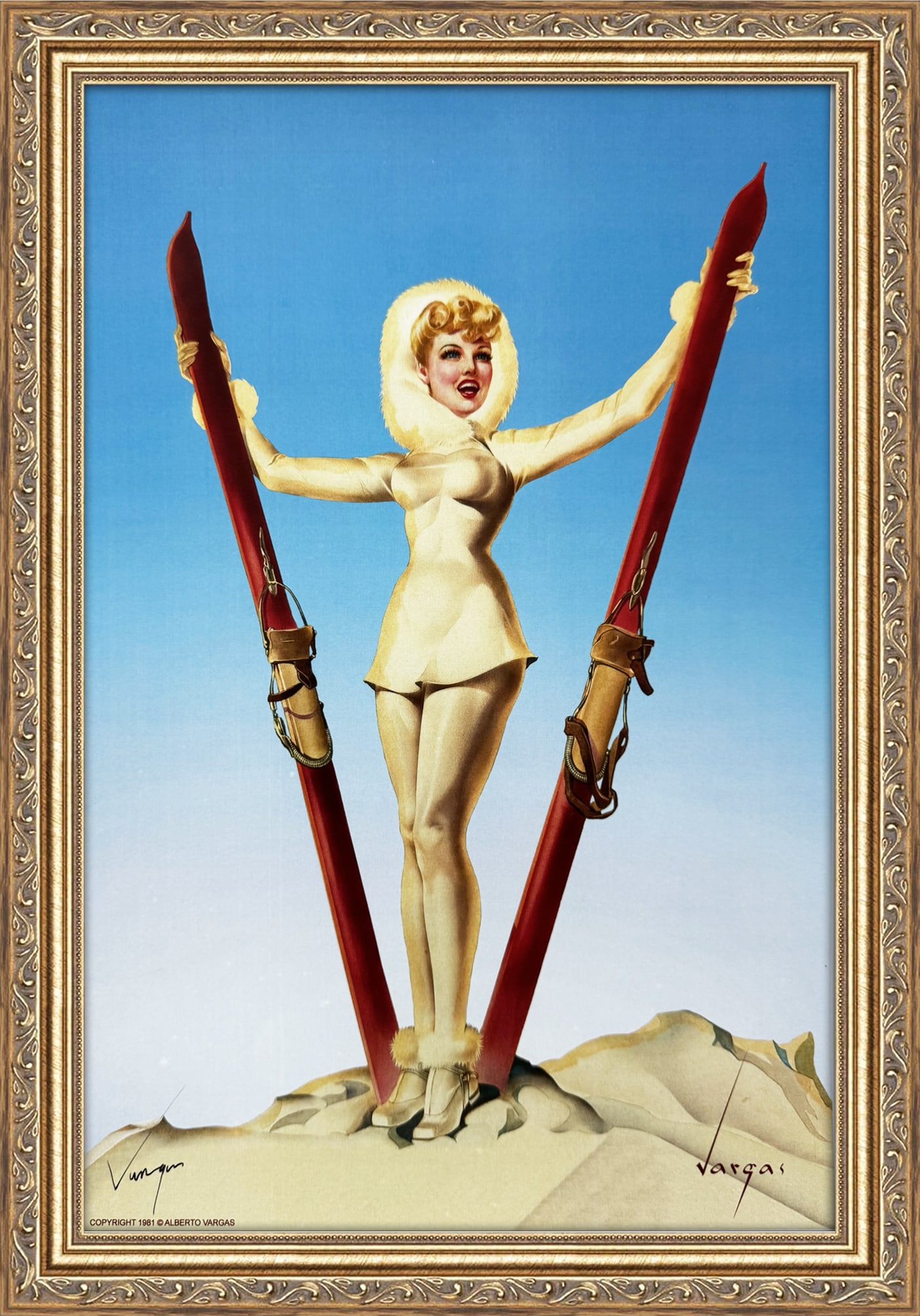 https://www.liveauctioneers.com/item/222683872_alberto-vargas-ski-troops-girl-american-weekly-cover-: This 11" x 17" Alberto Vargas pin-up print was created between 1979 and 1984 at a store called The Pin-up Shop in Las Vegas—a specialty boutique backed by Playboy President Derrick J. Daniels as a k