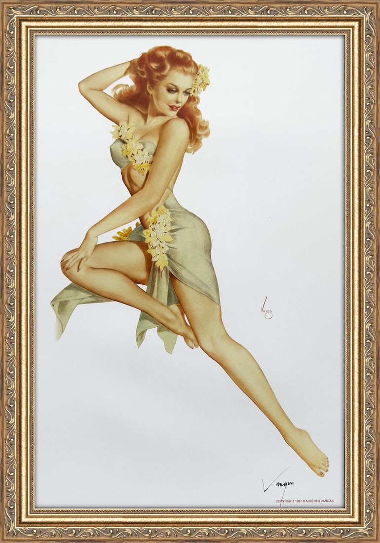 Alberto Vargas Signed Redhead in Hawaiian Costume: This 11" x 17" Alberto Vargas pin-up print was created between 1979 and 1984 at a store called The Pin-up Shop in Las Vegas—a specialty boutique backed by Playboy President Derrick J. Daniels as a k