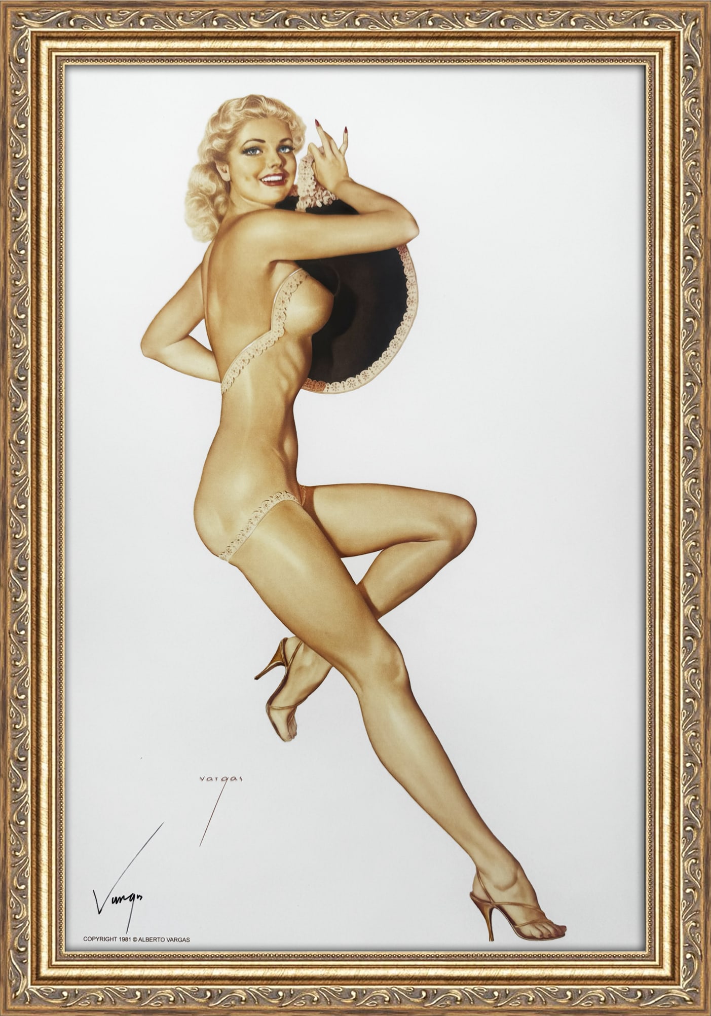 Alberto Vargas Signed Blonde Nude With Hat: This 11" x 17" Alberto Vargas pin-up print was created between 1979 and 1984 at a store called The Pin-up Shop in Las Vegas—a specialty boutique backed by Playboy President Derrick J. Daniels as a k