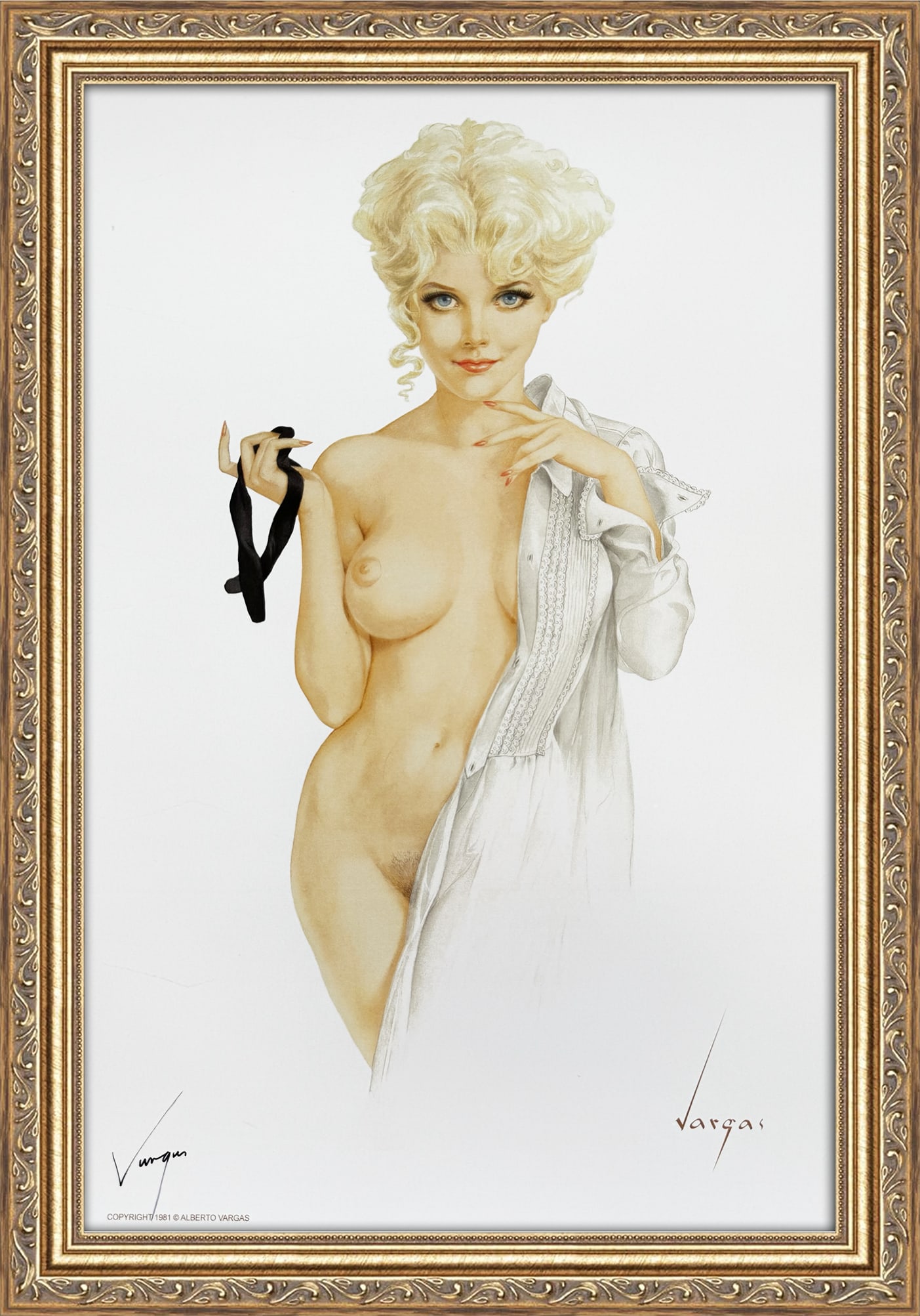 Alberto Vargas Signed "Is This What They Mean by Having a Formal Affair?" January 1970: This 11" x 17" Alberto Vargas pin-up print was created between 1979 and 1984 at a store called The Pin-up Shop in Las Vegas—a specialty boutique backed by Playboy President Derrick J. Daniels as a k