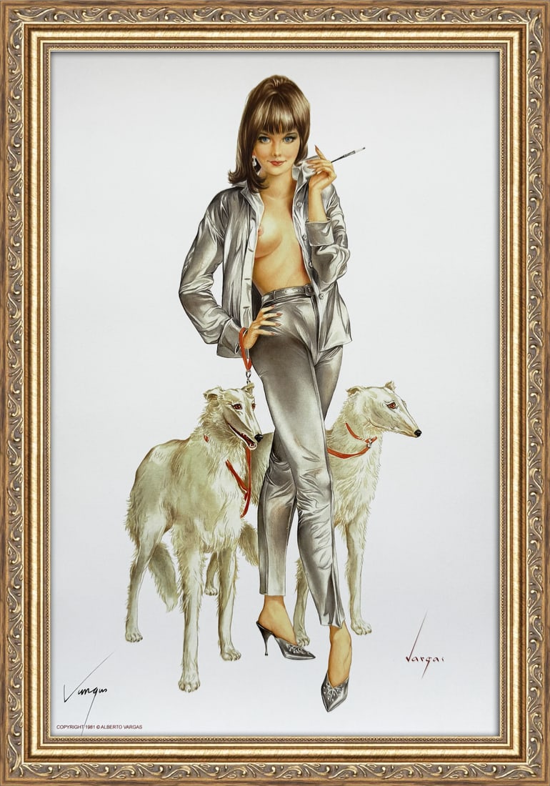 Alberto Vargas Signed "They're watchdogs, Mr. Tate but I usually dont let them" Playboy October 1966: This 11" x 17" Alberto Vargas pin-up print was created between 1979 and 1984 at a store called The Pin-up Shop in Las Vegas—a specialty boutique backed by Playboy President Derrick J. Daniels as a k