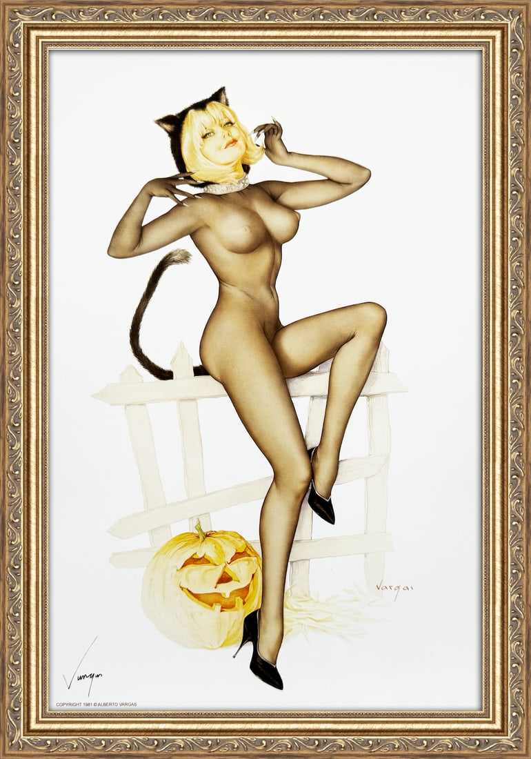 Alberto Vargas Signed "Trick or Treat" Playboy October 1967: This 11" x 17" Alberto Vargas pin-up print was created between 1979 and 1984 at a store called The Pin-up Shop in Las Vegas—a specialty boutique backed by Playboy President Derrick J. Daniels as a k