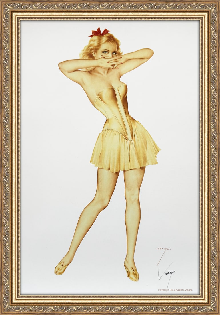 Alberto Vargas Signed Girl in a Yellow Bustier Playboy October 1948: This 11" x 17" Alberto Vargas pin-up print was created between 1979 and 1984 at a store called The Pin-up Shop in Las Vegas—a specialty boutique backed by Playboy President Derrick J. Daniels as a k