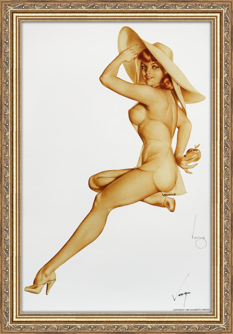 Alberto Vargas Signed Girl in Yellow Sun-suit (Jean Dean) circa 1947: This 11" x 17" Alberto Vargas pin-up print was created between 1979 and 1984 at a store called The Pin-up Shop in Las Vegas—a specialty boutique backed by Playboy President Derrick J. Daniels as a k