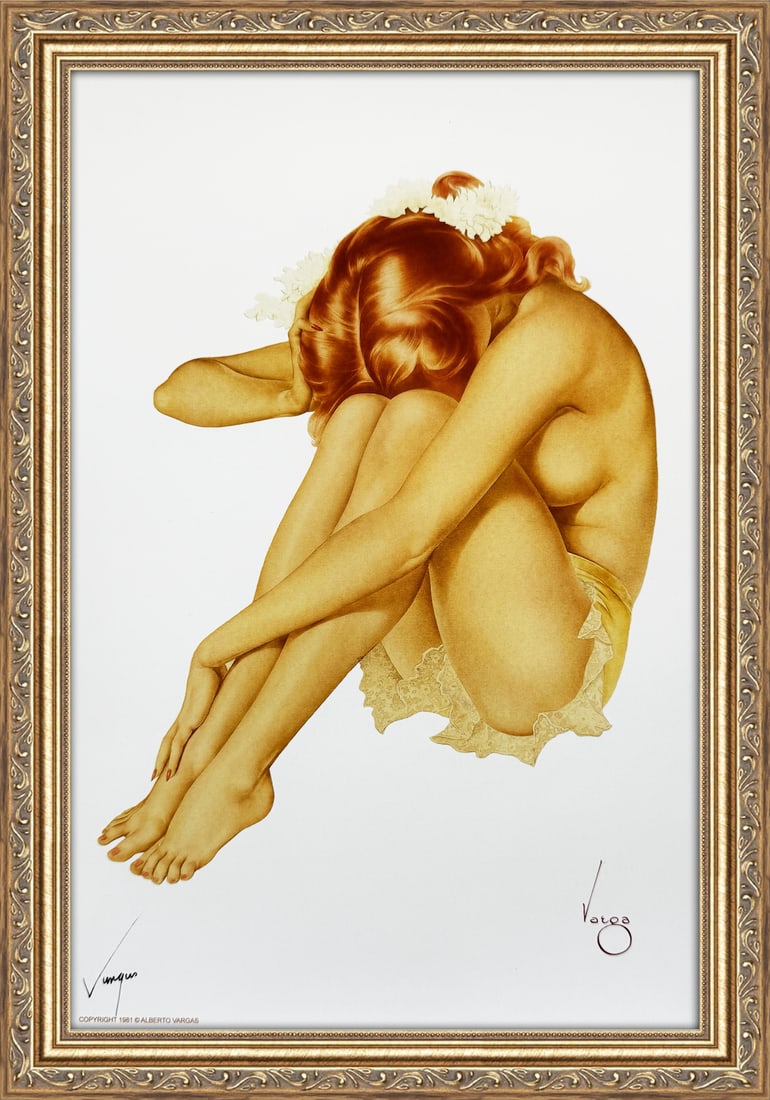 Alberto Vargas Signed Seated Nude Esquire 1940's: This 11" x 17" Alberto Vargas pin-up print was created between 1979 and 1984 at a store called The Pin-up Shop in Las Vegas—a specialty boutique backed by Playboy President Derrick J. Daniels as a k