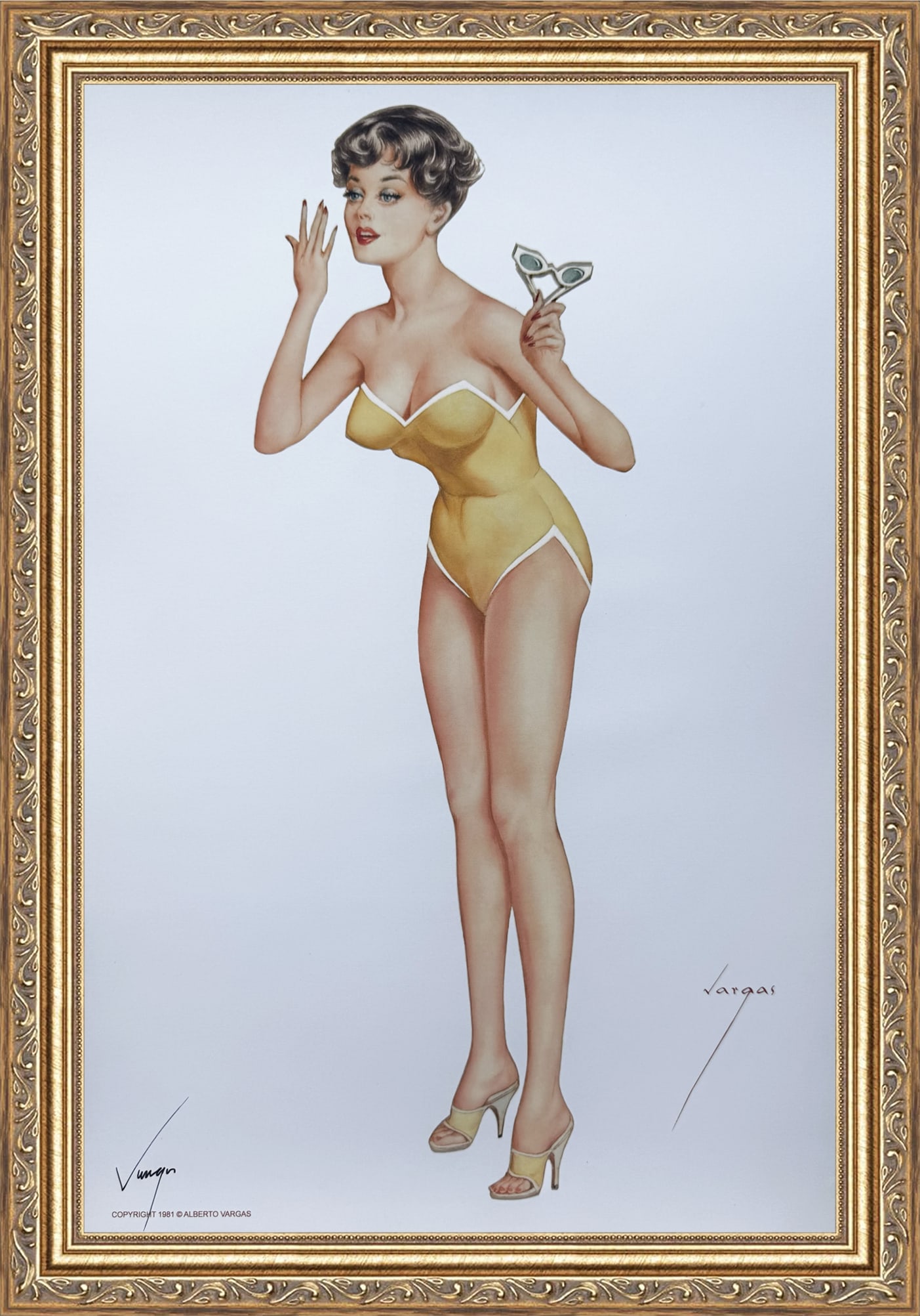Alberto Vargas Signed Rare Hidden In Cover Of Playboy August 1961: This 11" x 17" Alberto Vargas pin-up print was created between 1979 and 1984 at a store called The Pin-up Shop in Las Vegas—a specialty boutique backed by Playboy President Derrick J. Daniels as a k