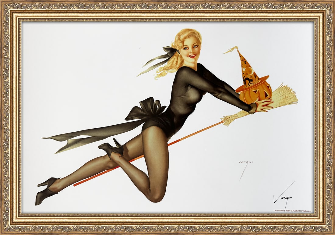 Alberto Vargas Signed Bewitched (Jack of Hearts), Playing Card 1953: This 11" x 17" Alberto Vargas pin-up print was created between 1979 and 1984 at a store called The Pin-up Shop in Las Vegas—a specialty boutique backed by Playboy President Derrick J. Daniels as a k