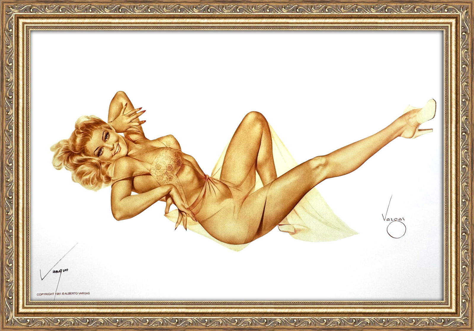Alberto Vargas Signed Varga Girl 1940's-50's: This 11" x 17" Alberto Vargas pin-up print was created between 1979 and 1984 at a store called The Pin-up Shop in Las Vegas—a specialty boutique backed by Playboy President Derrick J. Daniels as a k