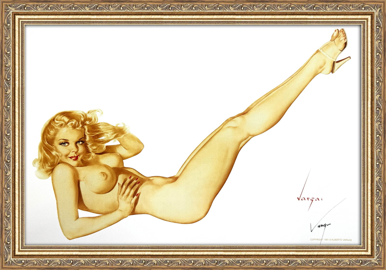 Alberto Vargas Signed Legacy Nude 1947: This 11" x 17" Alberto Vargas pin-up print was created between 1979 and 1984 at a store called The Pin-up Shop in Las Vegas—a specialty boutique backed by Playboy President Derrick J. Daniels as a k