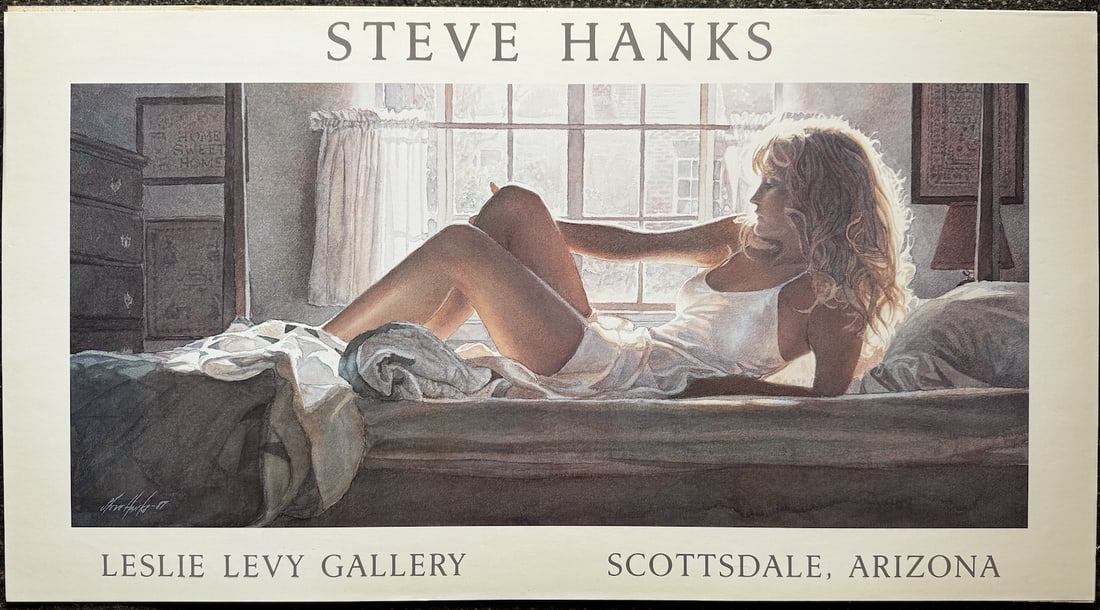 Steve Hanks "Bedroom Light" Leslie Levy Gallery Scottsdale, Arizona: This print was produced in 1987 and is in fair condition and would be good to frame, the original owner pasted the print to a thin piece of foam for framing. The original was done as a watercolor.