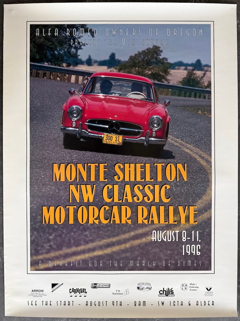 8th Annual Monte Shelton NW Classic Motorcar Rallye Poster: This poster advertises the 8th Annual Monte Shelton NW Classic Motorcar Rallye, a vintage car rally held August 8–11, 1996, in the Pacific Northwest (primarily around Portland, Oregon). It was organ