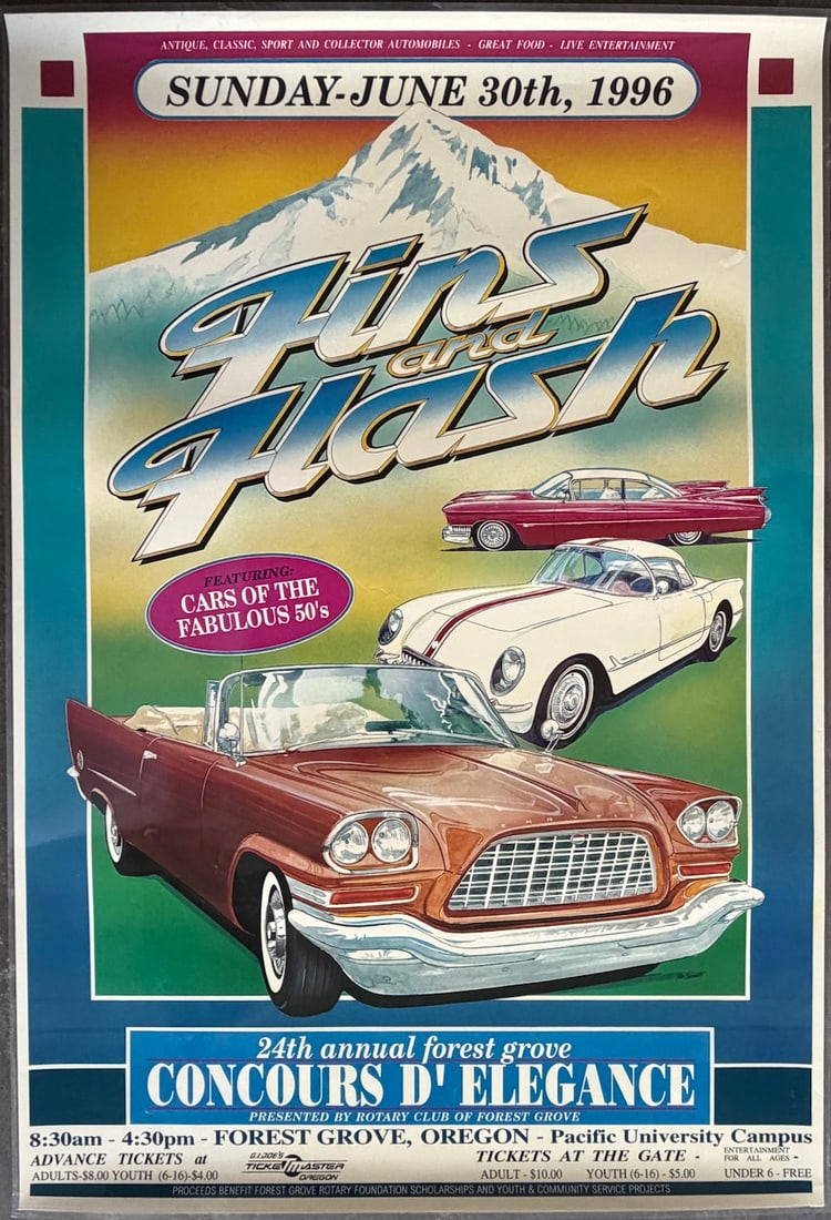 1996 Fin Flash Forest Grove Concours d'Elegance Poster: This eye-catching promotional poster hails from the 24th Annual Forest Grove Concours d'Elegance, a cornerstone of Oregon's classic car scene held on Sunday, June 30, 1996 (note: June 30 fell on a Sun