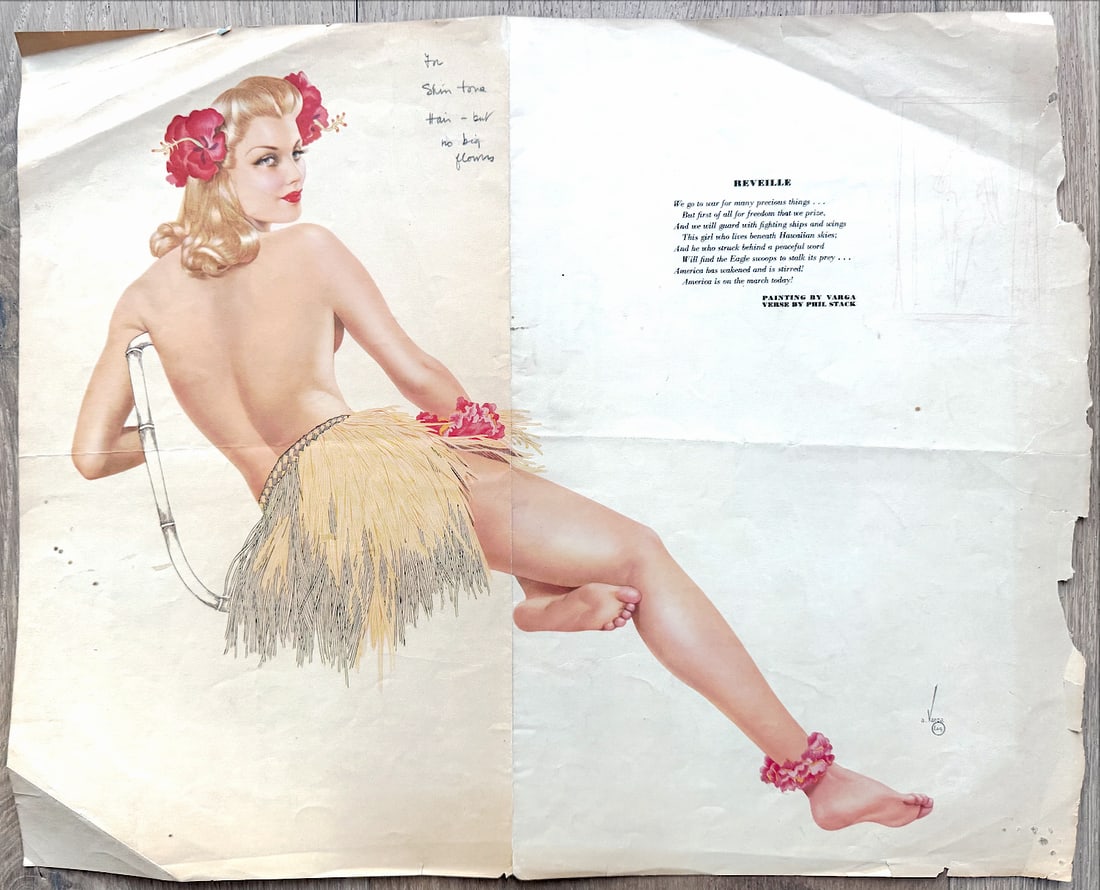 Alberto Vargas Extremely Rare Esquire Artist Proof "Reveille" with Small Drawing!: A blonde hula dancer poses topless next to a poem by Phil Stack about defending the United States--specifically Hawaii--during war. While this Varga Girl is most likely not a native Hawaiian, the sent