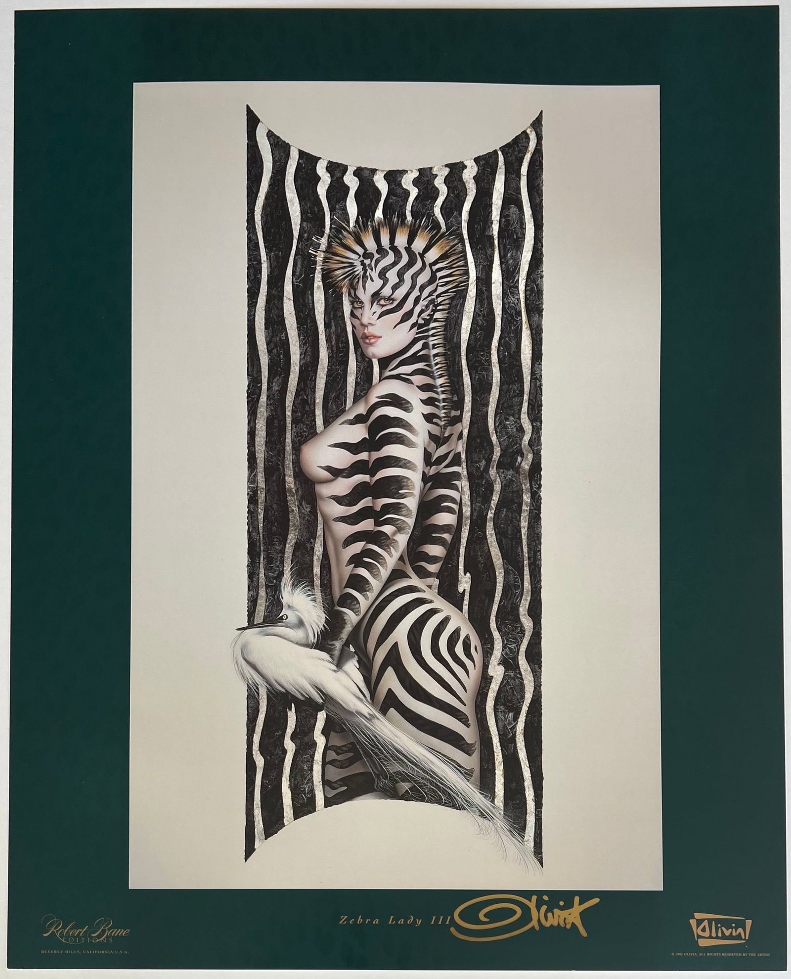 Olivia De Berardinis "Zebra Lady III" Hand-Signed Lithograph with copy of COA: Up for auction is a striking, hand-signed offset lithograph titled "Zebra Lady III" by the legendary pin-up and erotic artist Olivia De Berardinis (b. 1948), whose glamorous, airbrushed illustrations