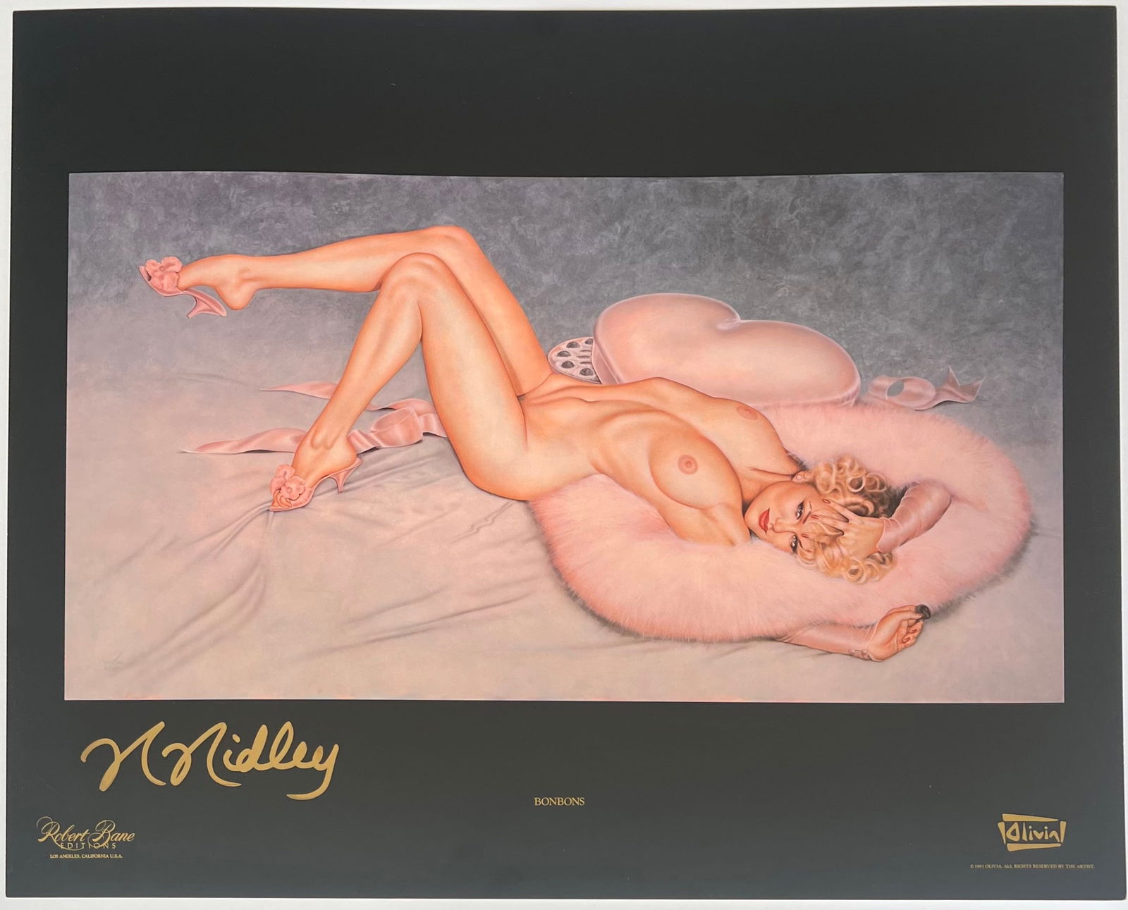 Olivia De Berardinis – "Bonbons" Hand-Signed by Model Rhonda Ridley with copy of COA: This is a seductive, model hand-signed offset lithograph titled "Bonbons" by the iconic pin-up and erotic artist Olivia De Berardinis (b. 1948), whose glamorous, airbrushed fantasy illustrations becam