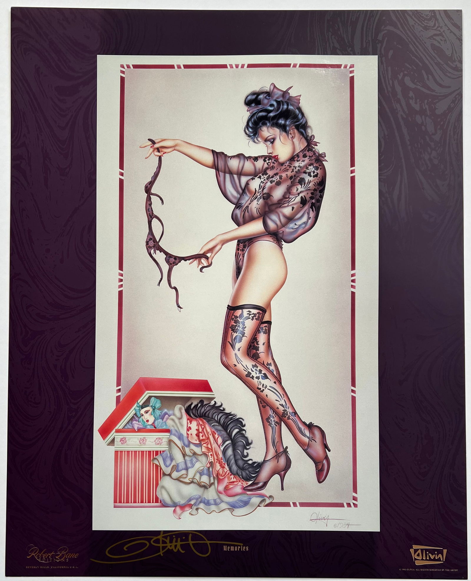 Olivia De Berardinis "Memories" Hand-Signed Lithograph with copy of COA: This is a captivating, hand-signed offset lithograph titled "Memories" by the world-renowned pin-up and erotic artist Olivia De Berardinis (b. 1948), whose ultra-detailed, airbrushed glamour illustrat