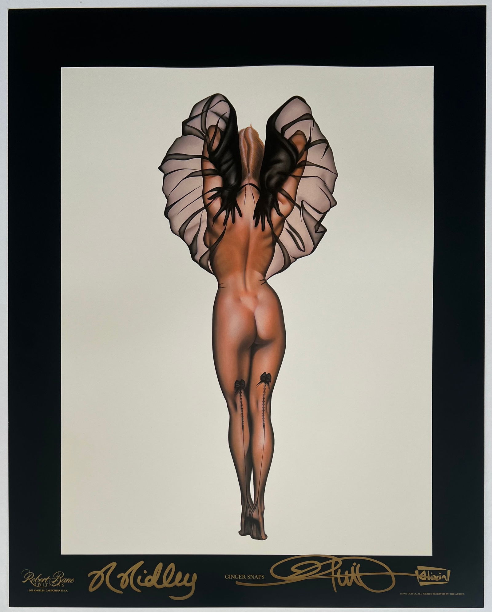 Olivia De Berardinis "Ginger Snaps" Dual-Signed Lithograph with copy of COA: This is a stunning, dual hand-signed (Artist + Model Rhonda Ridley) offset lithograph titled "Ginger Snaps" by the legendary pin-up and erotic artist Olivia De Berardinis (b. 1948), whose glamorous, h