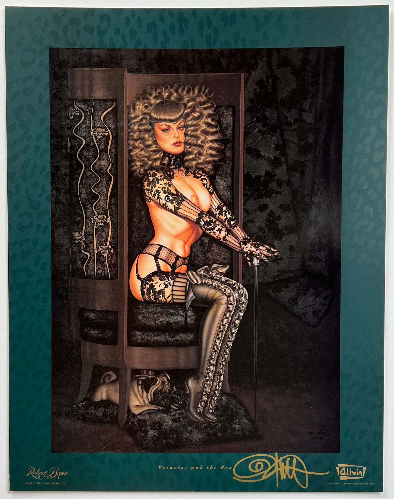 Olivia De Berardinis "Princess And The Pea" Hand-Signed Lithograph with copy of COA: This is a striking, hand-signed offset lithograph titled "Princess and the Pea" by the legendary pin-up and erotic artist Olivia De Berardinis (b. 1948), whose glamorous, airbrushed fantasy illustrati