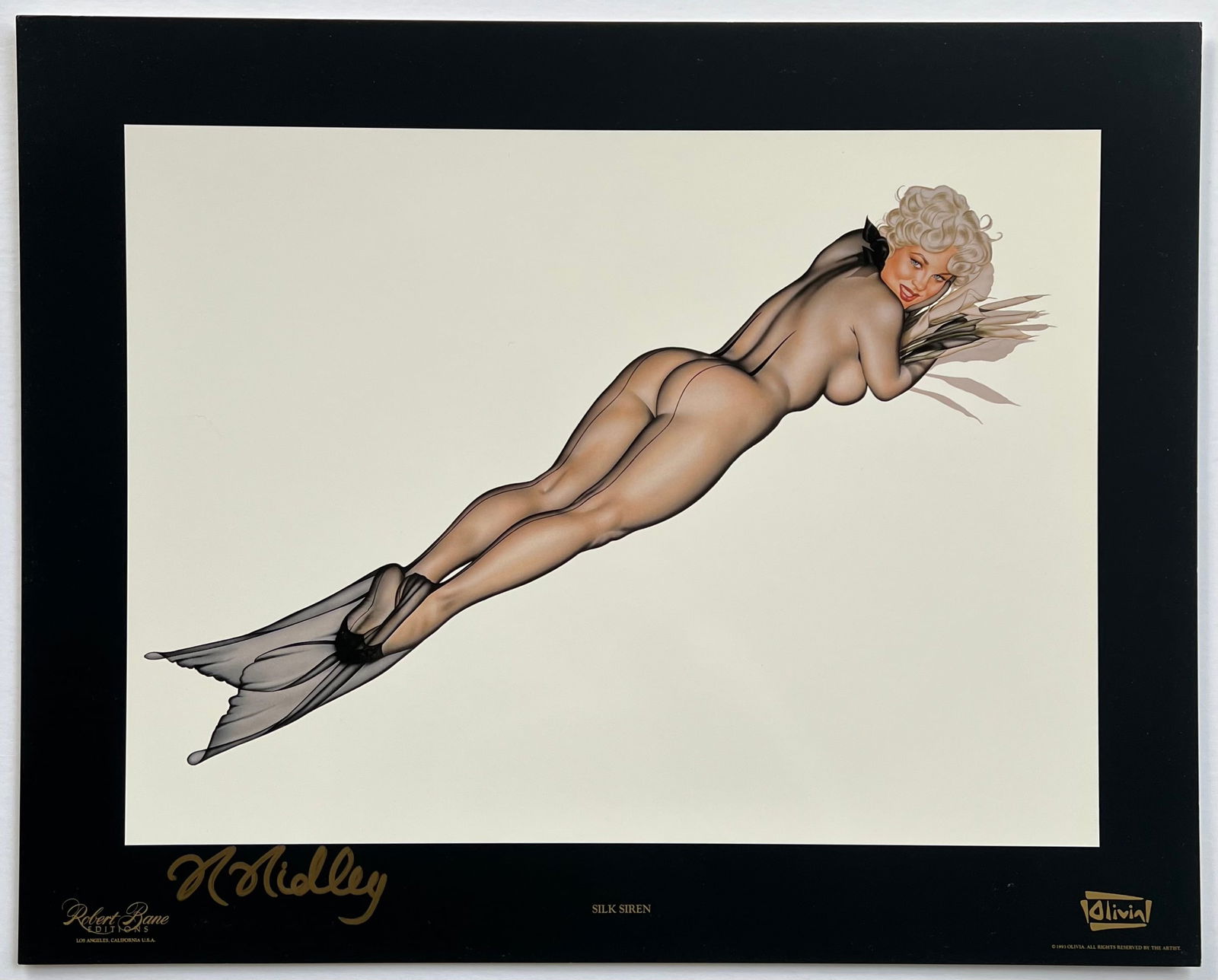 Olivia De Berardinis – "Silk Siren" Hand-Signed by Model Rhonda Ridley with copy of COA: This is a beautiful, model hand-signed offset lithograph titled "Silk Siren" by the legendary pin-up artist Olivia De Berardinis (b. 1948), famous for her glamorous Playboy-era fantasy illustrations.P
