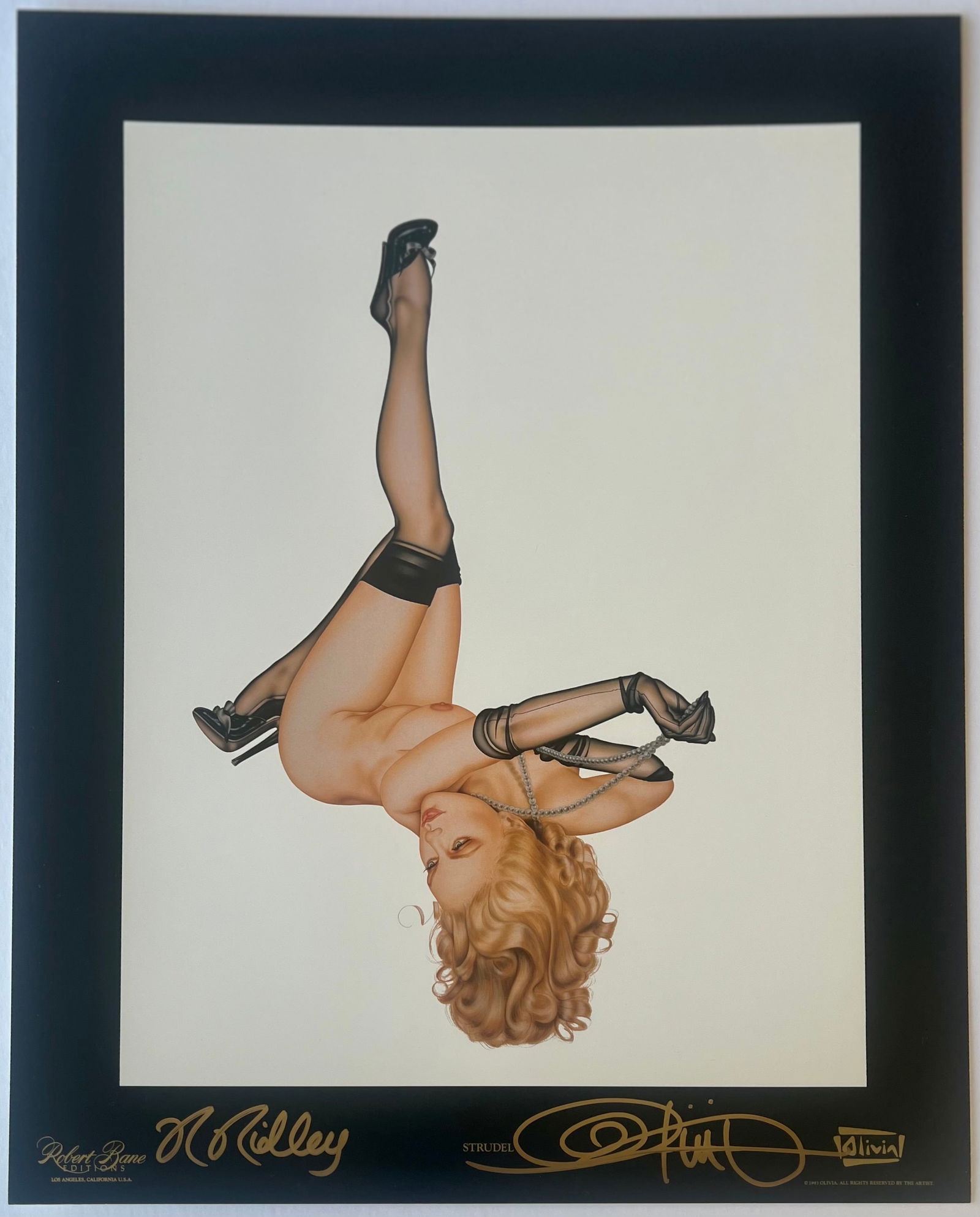 Olivia De Berardinis "Strudal" Dual-Signed Lithograph with copy of COA: This is a playful and daring model hand-signed offset lithograph titled "Strudel" by the renowned pin-up artist Olivia De Berardinis (b. 1948), celebrated for her glamorous, hyper-detailed fantasy ill