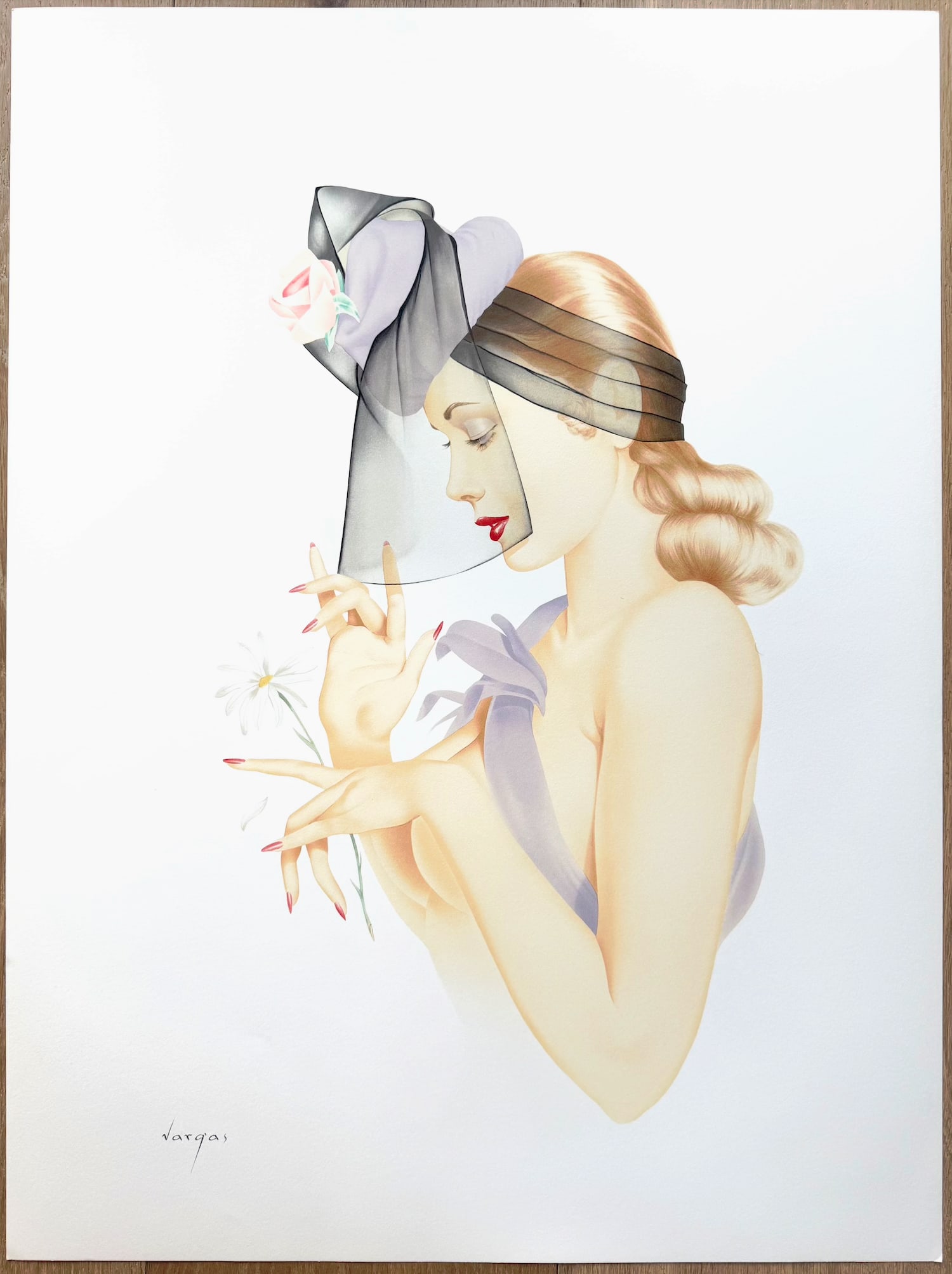 Alberto Vargas "He Loves me" Limited Edition Lithograph 1939: This is a stunning collector's print of "He Loves Me," originally painted by Alberto Vargas in 1939 and featured in Playboy's January 1968 Vargas retrospective. Printed in 1989 by Playboy and Mirage E