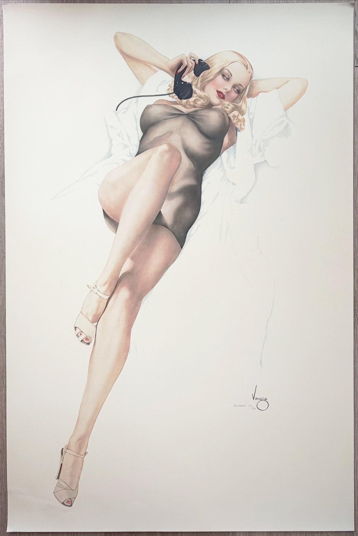 Alberto Vargas "First Love" San Fransisco Art Exchange 1986 20/30 Archival: This painting is historic in that it was the very first Vargas Girl ever published by Esquire magazine. It appeared as a gatefold in the October 1940 issue. This blonde beauty, whispering words of pas