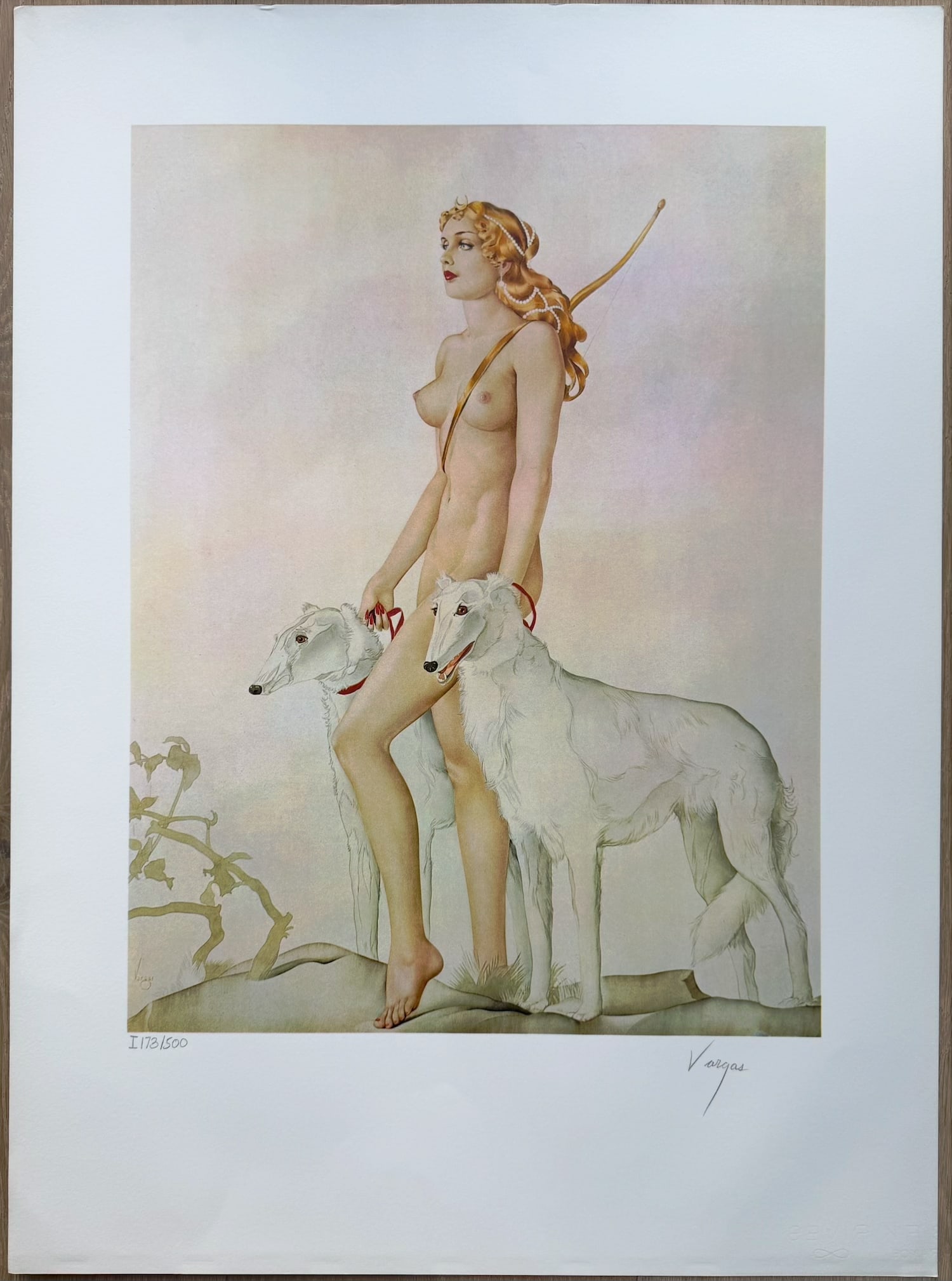 Alberto Vargas "Diana The Huntress" Lithograph 1978 - 173/500: Diana The Huntress, a golden haired amazon nude with her bow strung across her back, holding two snow white Borzoi Russian hunting dogs, will make a wonderful edition to any home or important collecti