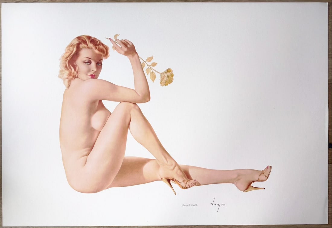 Legacy Nude #09, Gold Carnation, 1950 13/50 Estate: Though her eyes are averted, this titian haired enchantress playfully communicates with the viewer. Dynamic yet sultry, she is vibrant from her stunning features to her shiny red toenails. The golden