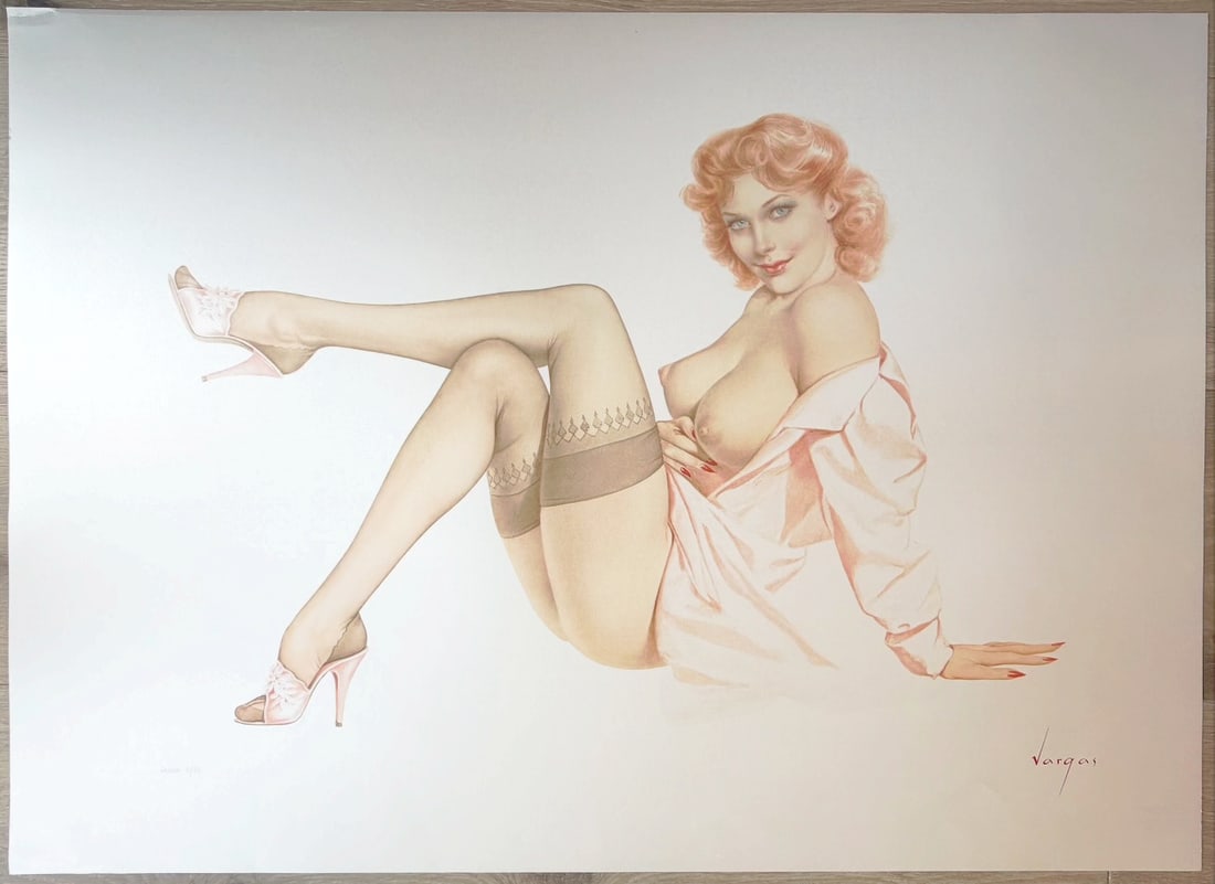 Legacy Nude #11, Silk Stockings 8/25 Estate, 1956: Emanating an elegant coquetry from a bygone era, and with a buoyant disposition, this beauty both fascinates and charms us. Vargas’ luscious portrayal of her slippers and stockings is unique and mem