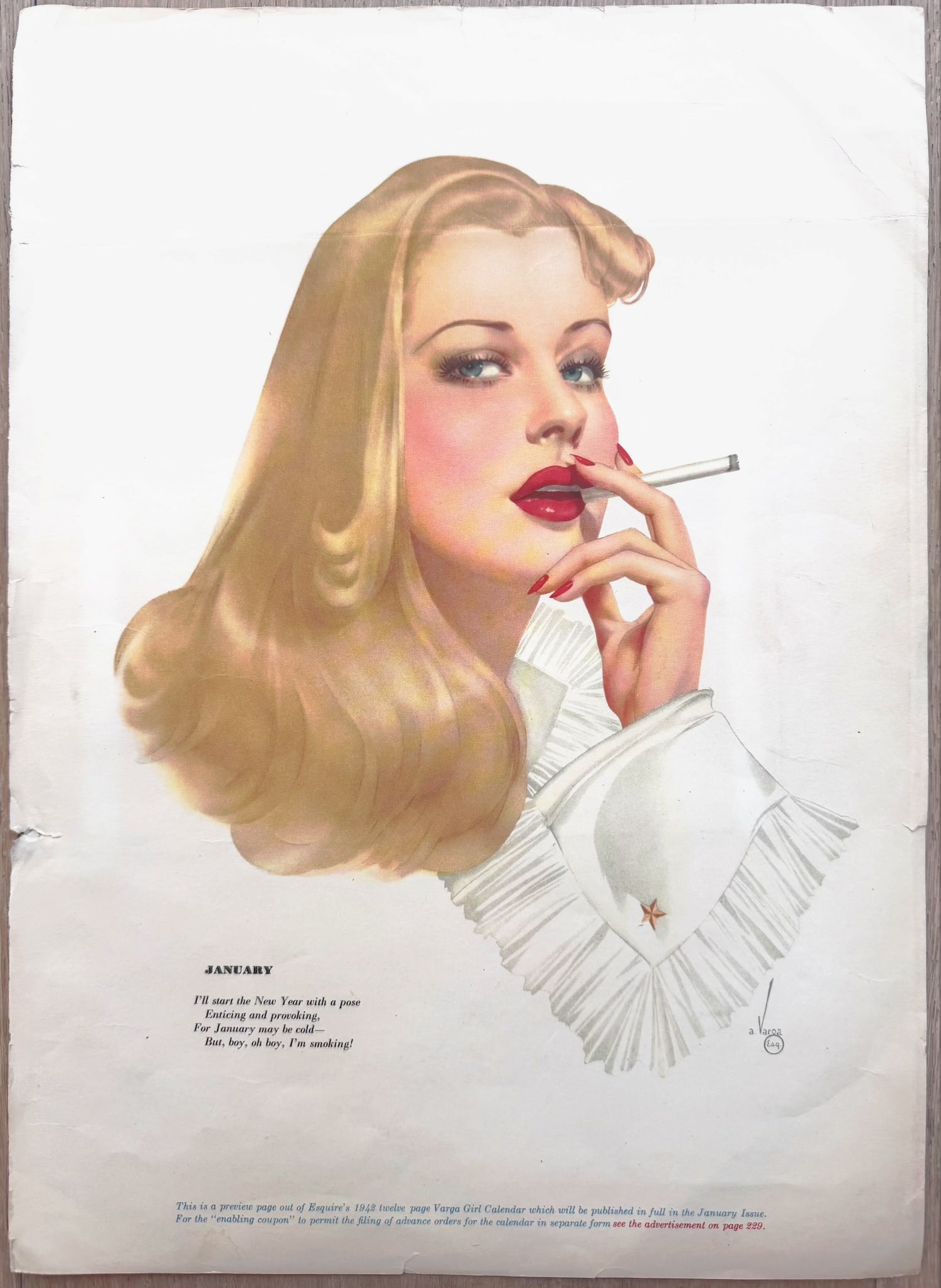 Alberto Vargas Artist Proof Esquire magazine January 1942: This Is a Artist proof of January 1942 Esquire Pin Up Girl from Alberto Vargas's Estate.