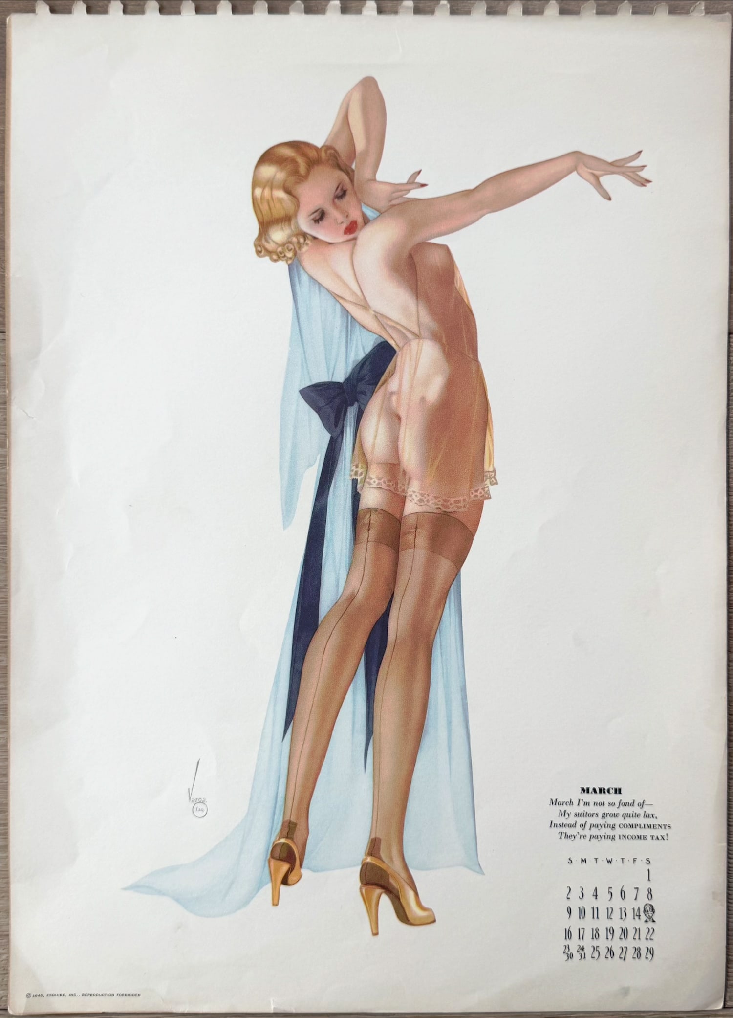 Alberto Vargas Esquire Artist Proof Calendar March 1940: This Is an Artist Proof of September 1940 Esquire Pin Up Girl from Alberto Vargas's estate.