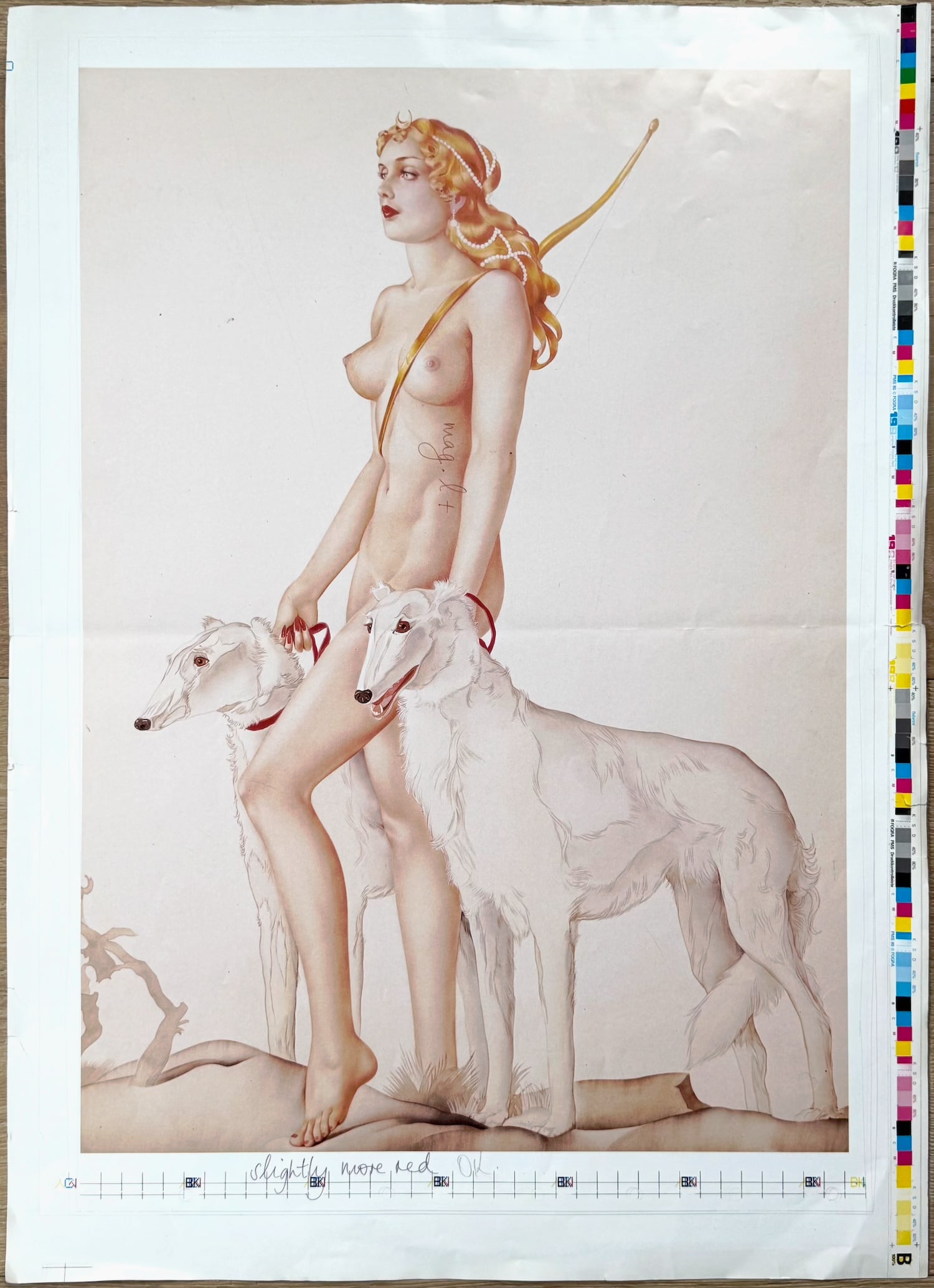 Alberto Vargas Artist Proof Diana The Huntress Taschen Posterbook Book: This is an artist's proof from the Alberto Vargas Taschen's Posterbook 1991, a vintage collection showcasing the iconic pin-up illustrations of Alberto Vargas.