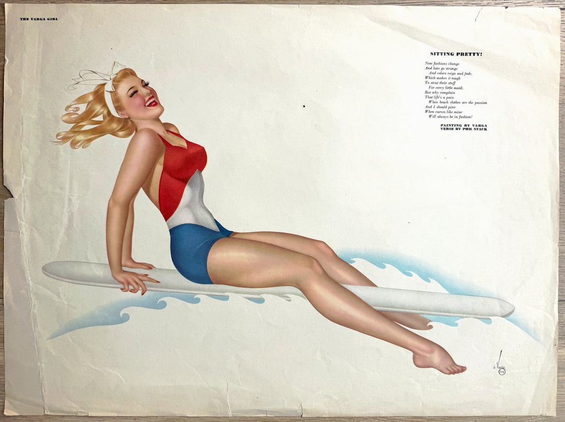 Alberto Vargas Artist Proof for Esquire Magazine "Sitting Pretty": This is a print of the "Sitting Pretty" Varga Girl illustration by artist Alberto Vargas. Originally published in the August 1944 issue of Esquire magazine, the image is a classic example of pin-up ar
