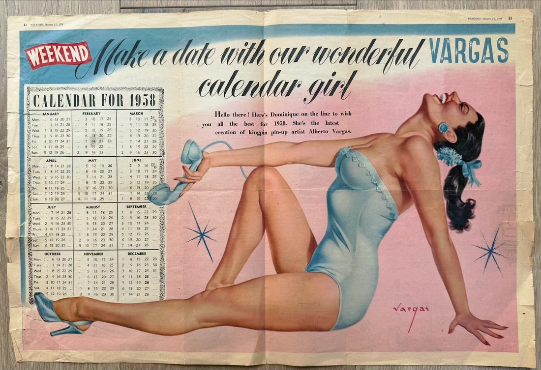 Alberto Vargas Beautiful Weekend Newspaper Clipping: This is a classic mid-century pin-up calendar feature from Weekend Newspaper, a popular Canadian weekend supplement/newspaper insert (similar to how Parade or Sunday magazine sections worked in the US