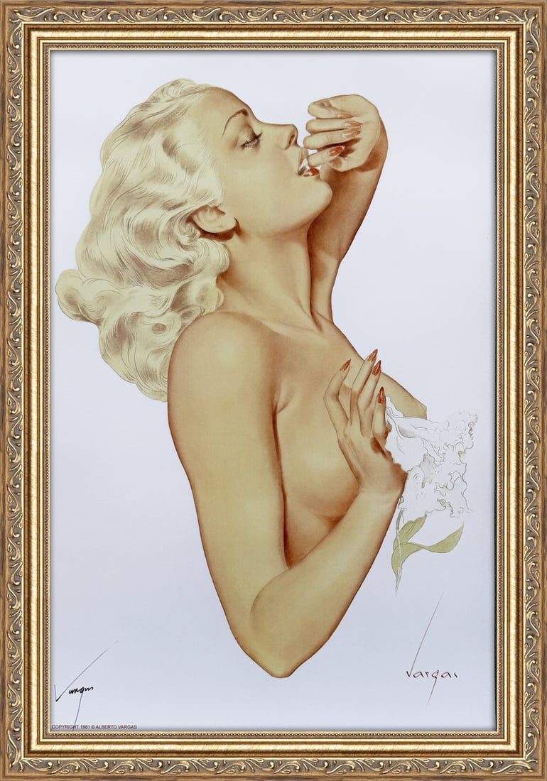 Alberto Vargas Signed "Girl with a Flower": This 11" x 17" Alberto Vargas pin-up print was created between 1979 and 1984 at a store called The Pin-up Shop in Las Vegas—a specialty boutique backed by Playboy President Derrick J. Daniels as a k