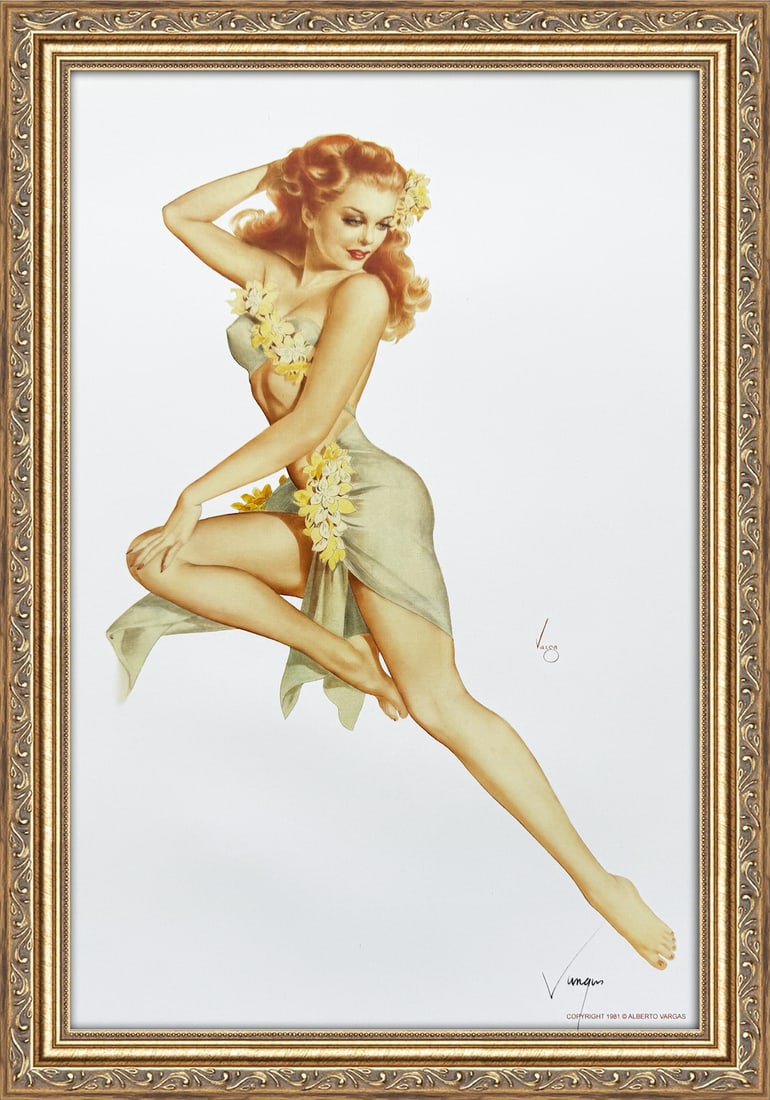 Alberto Vargas Signed Redhead in Hawaiian Costume: This 11" x 17" Alberto Vargas pin-up print was created between 1979 and 1984 at a store called The Pin-up Shop in Las Vegas—a specialty boutique backed by Playboy President Derrick J. Daniels as a k